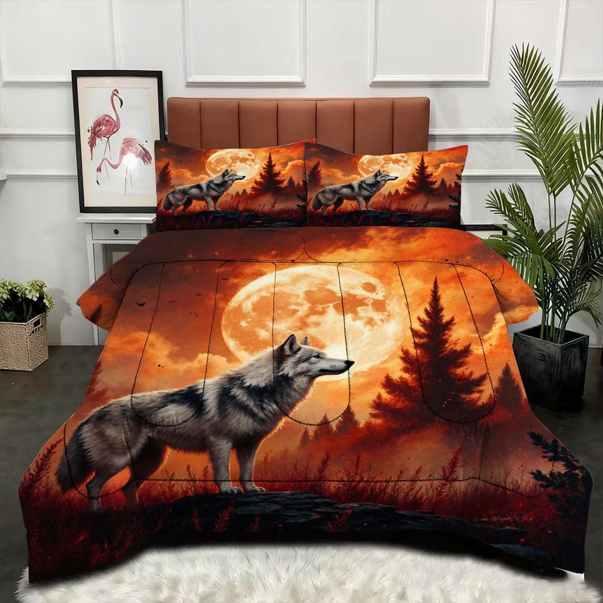Couette 200 x 200 cm avec 2 taies d'oreiller loup 3D microfibre