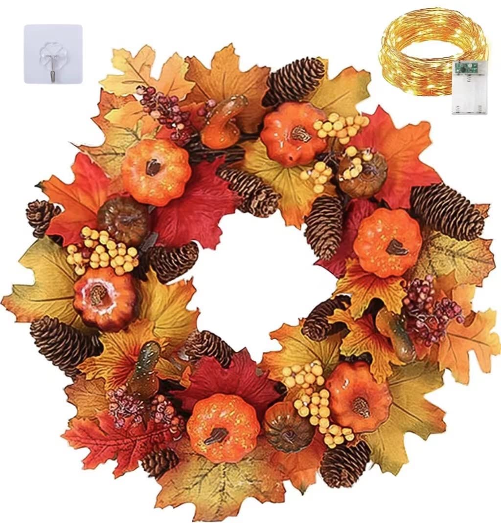 Mishaer 45Cm Retro Halloween Artificial Wreath Maple Leaves Pumpkin Flower Garland Autumn Halloween Thanksgiving Day，Autumn Door Wreath Decorations (45Cm)