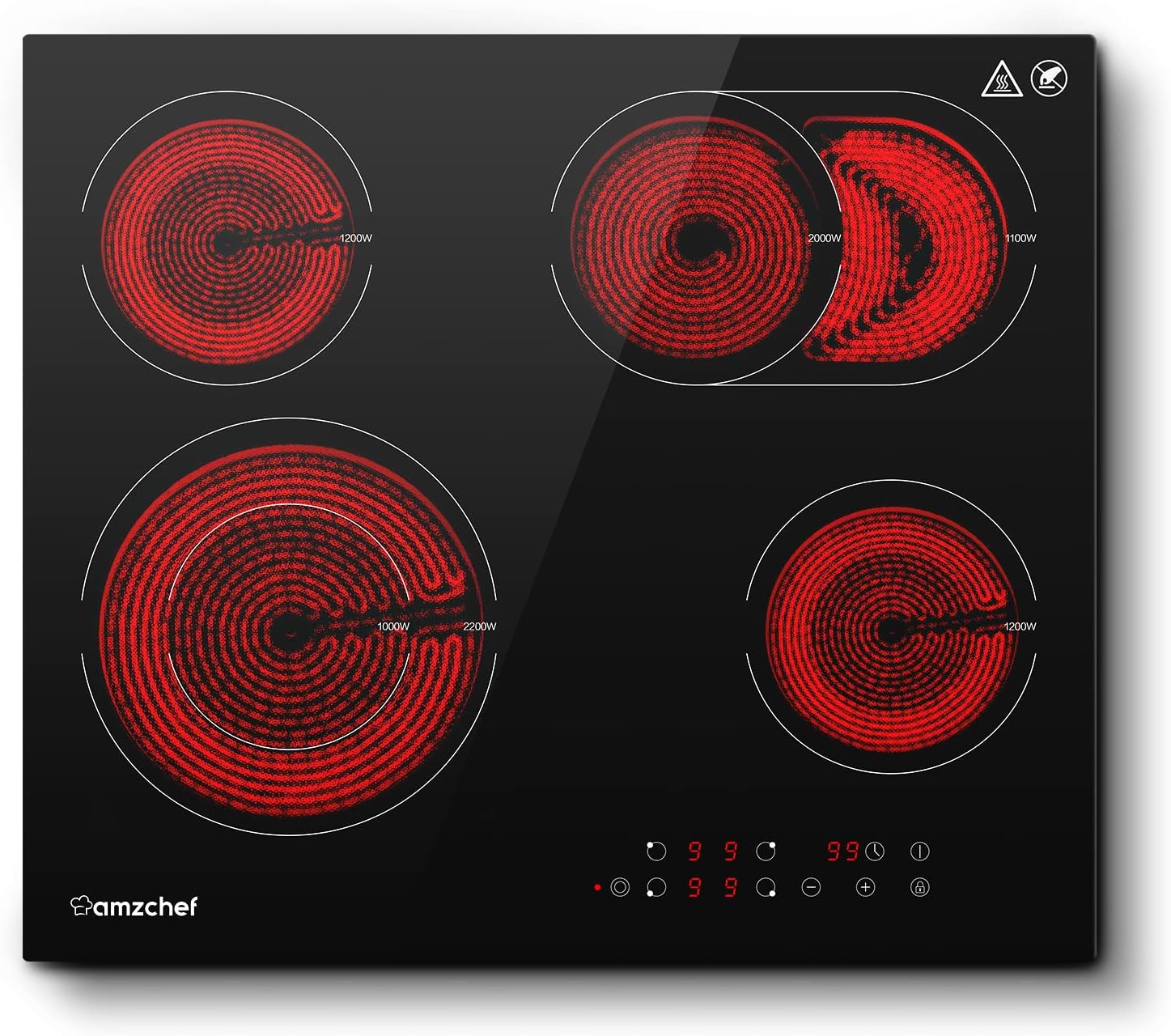 AMZCHEF Piano cottura in vetroceramica, 6600 W elettrico con 4 fuochi, 9 livelli di potenza, doppia zona, zona tostatura, funzione di pausa, controllo touch scorrevole, blocco bambini AMZCHEF Piano cottura in vetroceramica, 6600 W elettrico con 4 fuochi, 9 livelli di potenza, doppia zona, zona tostatura, funzione di pausa, controllo touch scorrevole, blocco bambini
