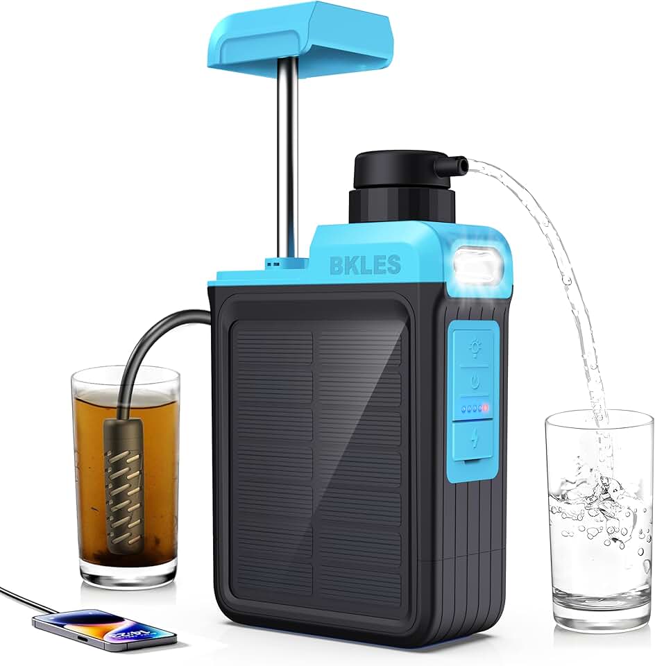 BKLES 3-in-1 Solar Electric Water Filter with Hand Pump - Camping Water Filtration System Survival, Portable Water Purifier with E
