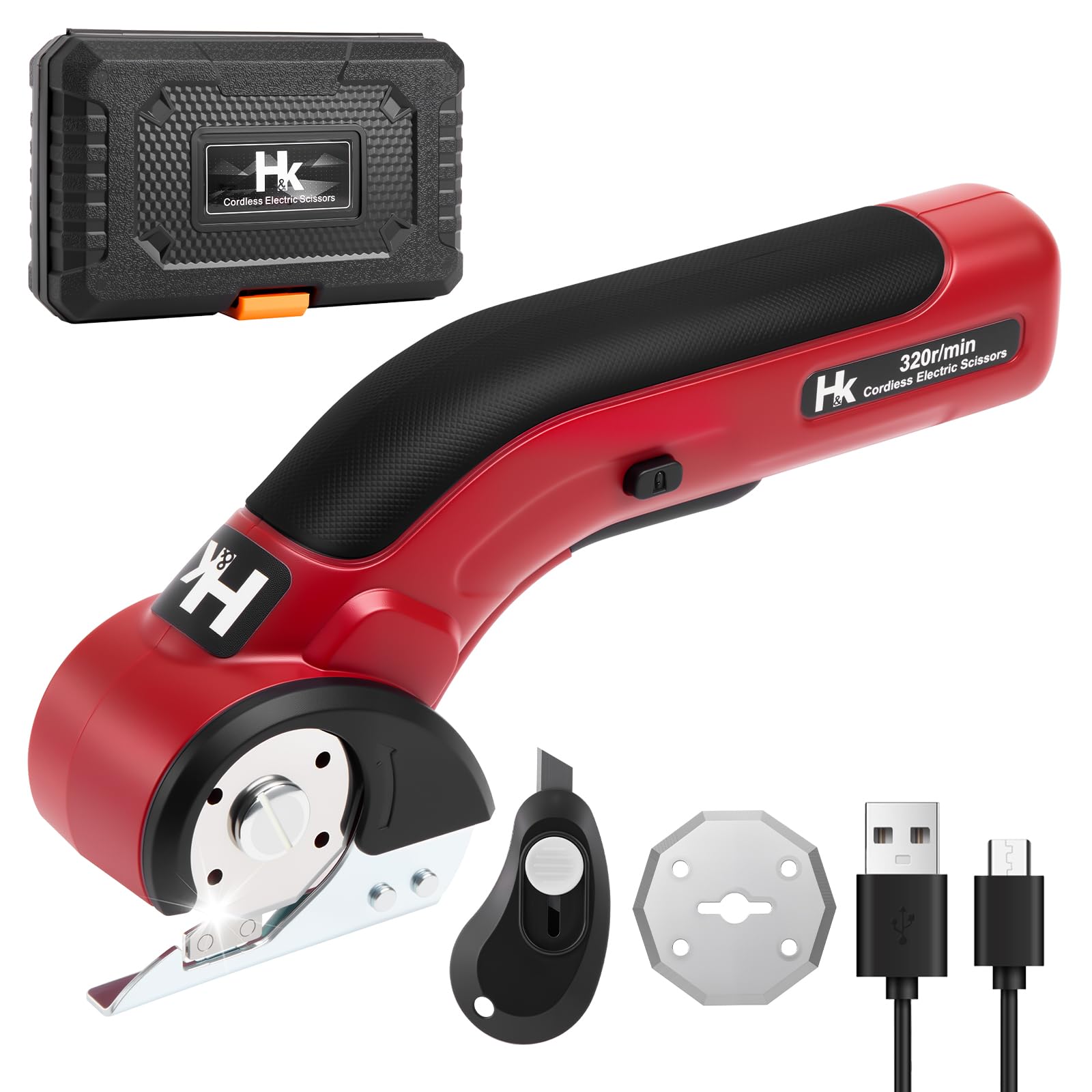 HK Cordless Electric Scissors, 4V Electric Box Cutter, Carpet &amp; Cardboard Cutter with a Replacement Blade/Charger, Rotary Cutter for Cardboard Packages Leather Plastic (Red)