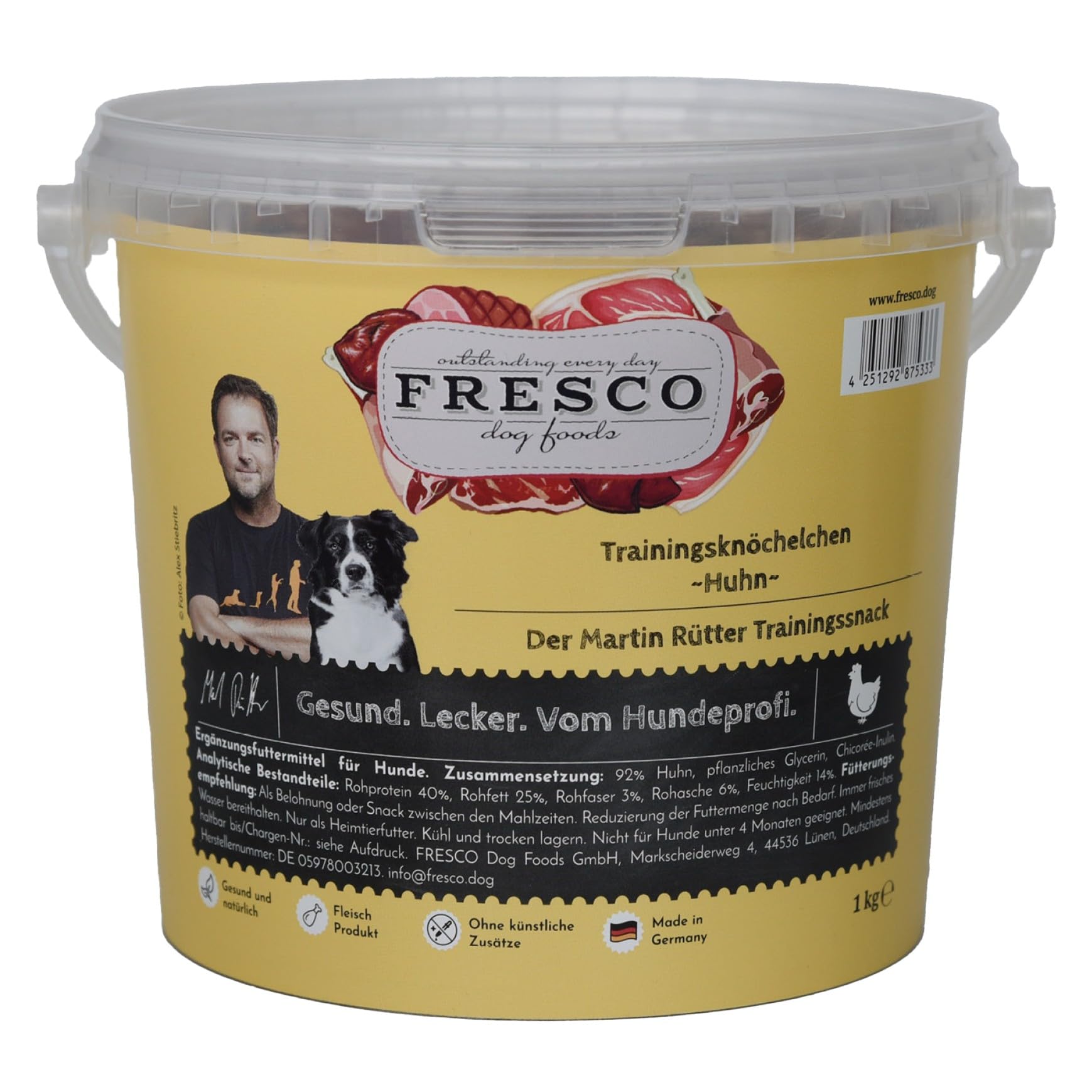 FRESCO Dog Martin Rütter Trainingsknöchelchen Huhn 1kg | Hundeleckerli getreidefrei & zuckerfrei mit 92% Frischfleisch | Geruchs- & fettarm | Gesunde Hunde Leckerlis fürs Hundetraining
