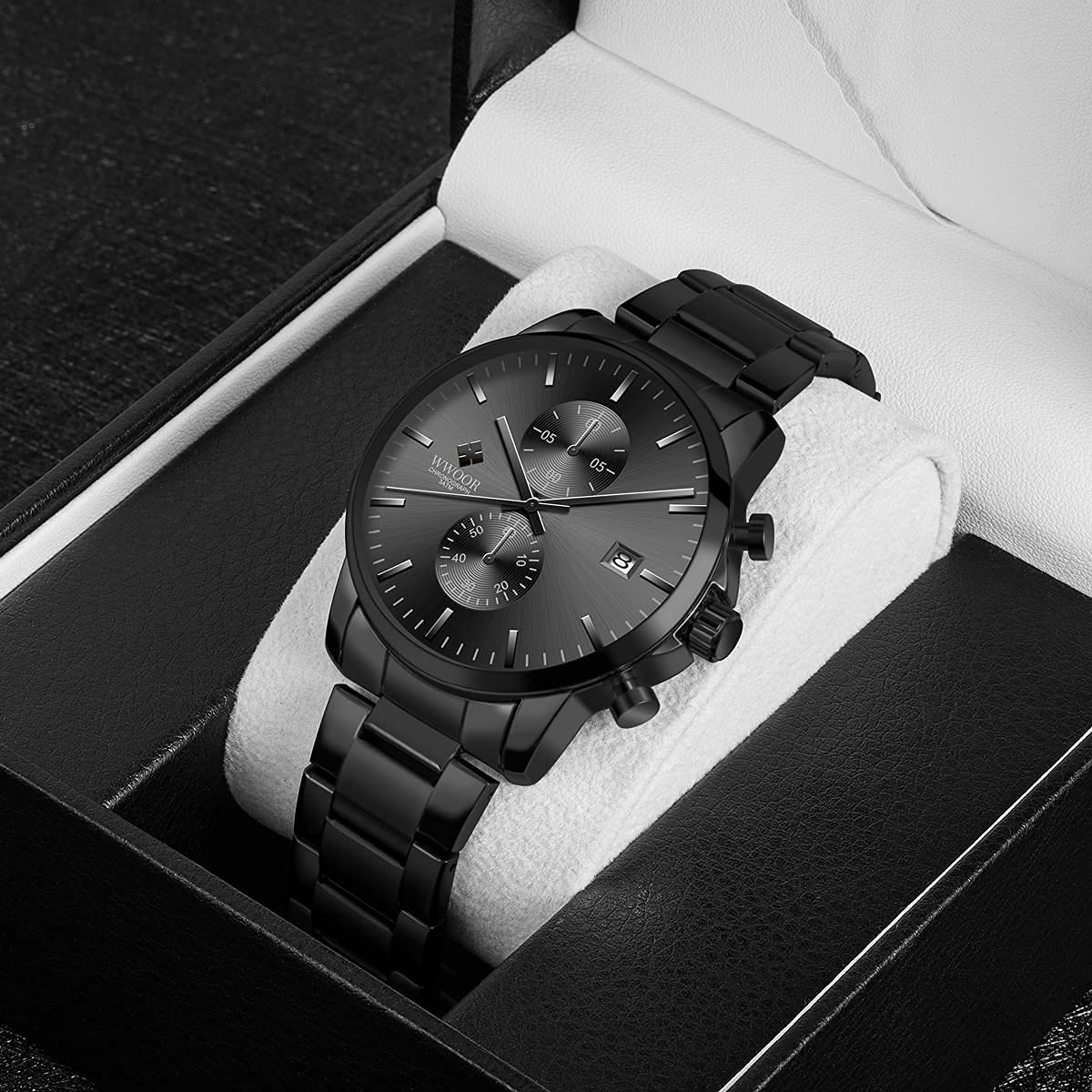 Montre bracelet pour homme avec montre à quartz chronographe étanche en acier inoxydable et métal, date automatique sur les mains colorées, extensible en acier inoxydable, réglable, Noir, 1, Bracelet