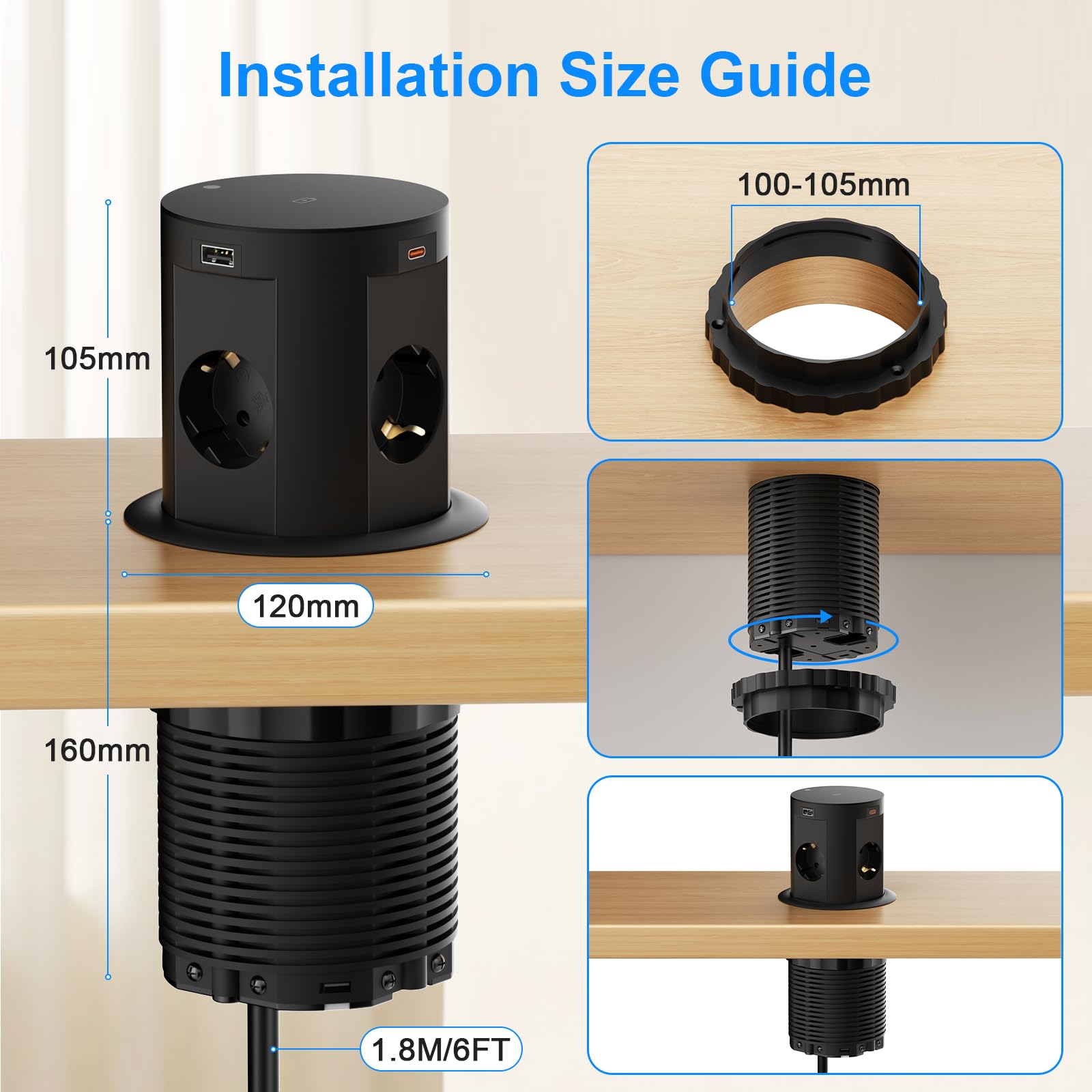 Versenkbare Steckdose mit 2X USB-C bis 65 W, 4-Fach, 15 W Qi-Laden
