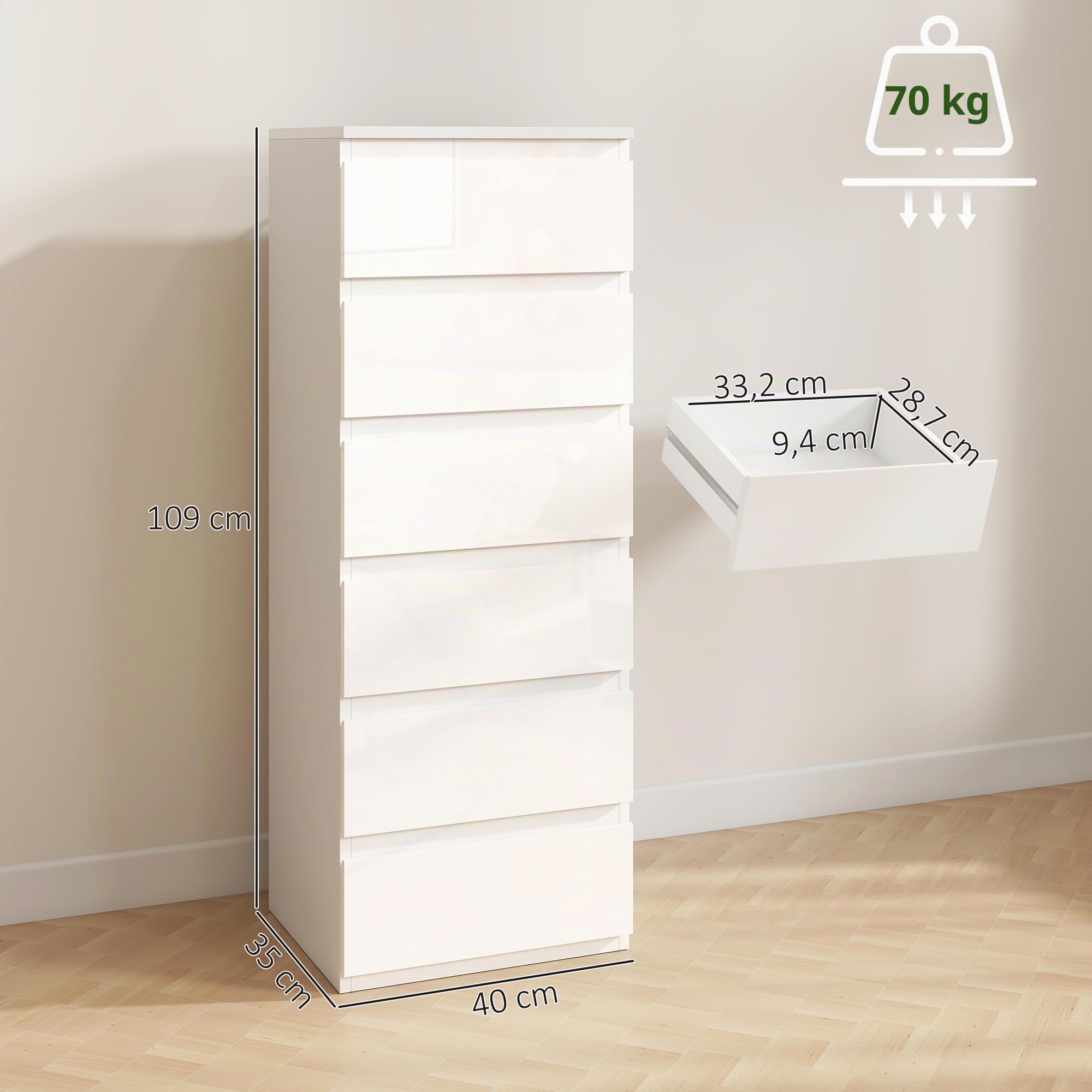 HOMCOM Cómoda 6 Cajones Dormitorio Estrecha 40x35x109 cm Blanco Brillo | Sinfonier, Ahorro Espacio, Cajonera para Sala de Estar, Comedor, Entrada