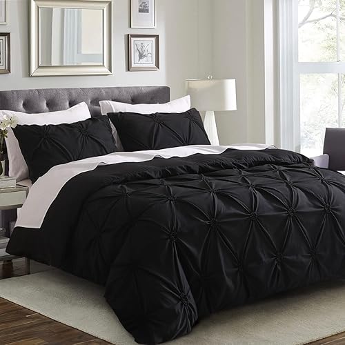 Miniatura 2 de SLEEPBELLA Juego de edredón de 3 piezas, diseño floral fruncido, color negro, tamaño King, relleno interior de microfibra suave, alternativo, Shabby