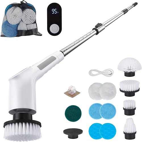 Fixm Limpiador giratorio eléctrico inalámbrico, potente limpiador de ducha y baño de 2 velocidades con pantalla LED, mango ajustable y 11 cabezales