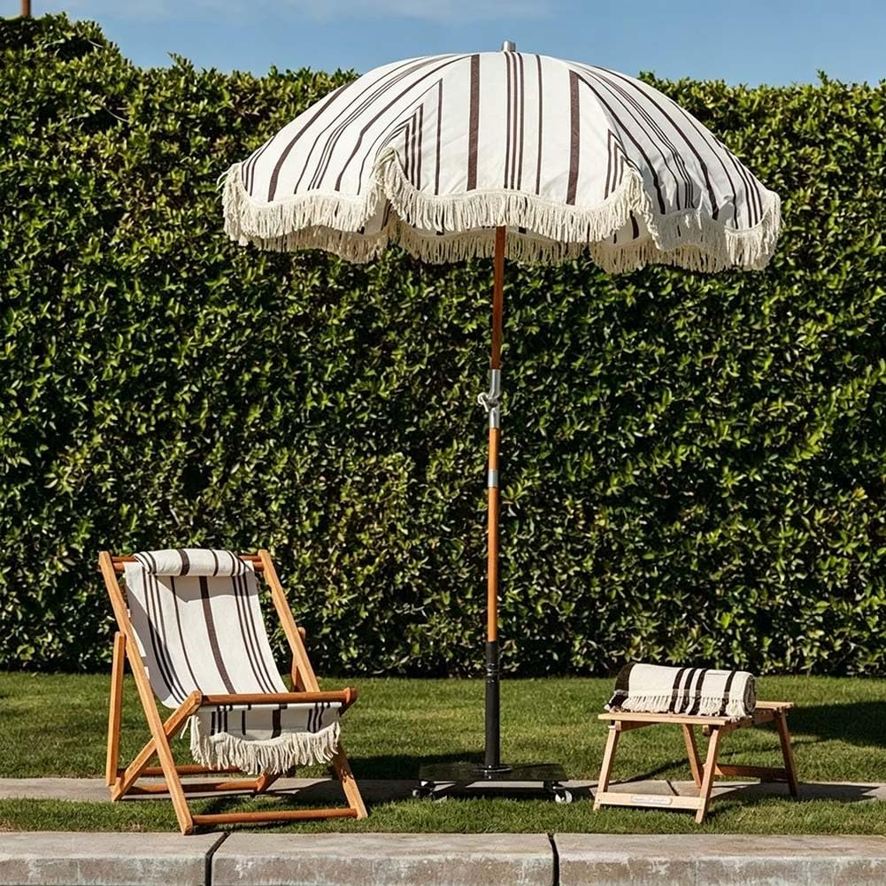 200 cm Parasol Plażowy w Paski z Frędzlami, Boho Składany Parasol Ogrodowy z Drewnianym Trzonkiem z Filtrem UPF 50+ do Basenu, Ogrodu