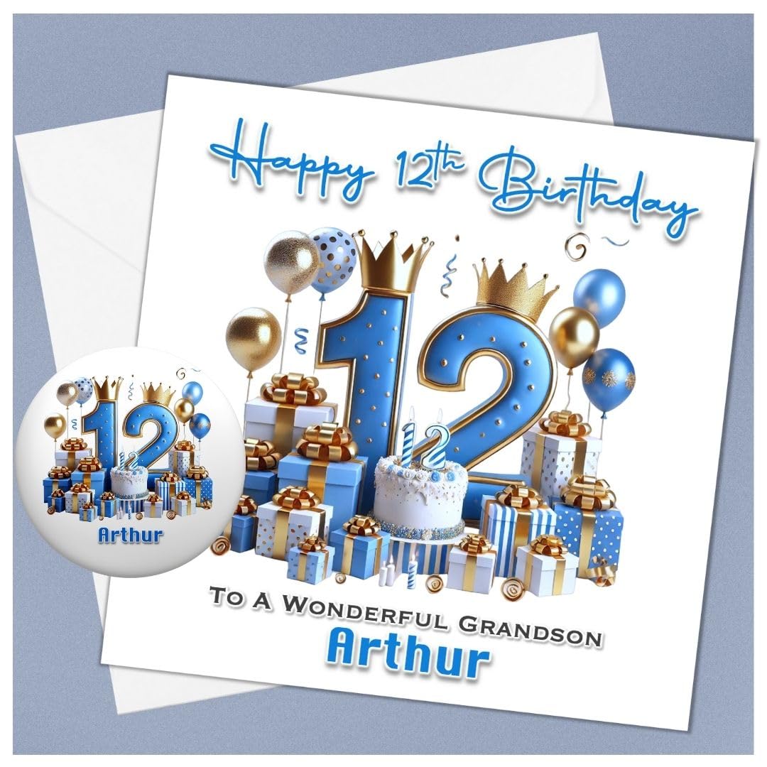 Large Personalised 12th Boys Birthday Card with matching Badge for Friend Son Brother Nephew Grandson Godson Twelfth Twelve Today (Large Card & Button Badge) โ image 1