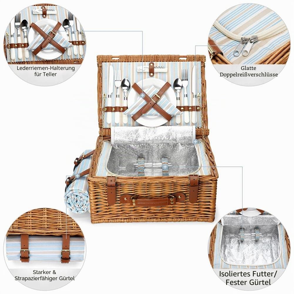 HappyPicnic Wicker Picknickkorb für 4 Personen, Willow Storage Hamper Service Geschenkset für Camping und Party im Freien (M for 2 Persons)