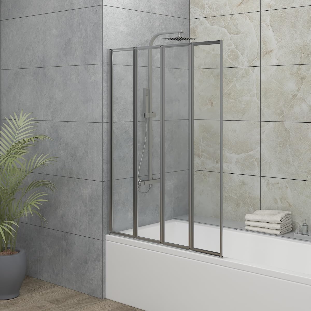 Blümme Chrome 850X1400mm 4 Panel Folding Bath Shower Screen Over Bath Shower Screen Door Clear Glass Framed