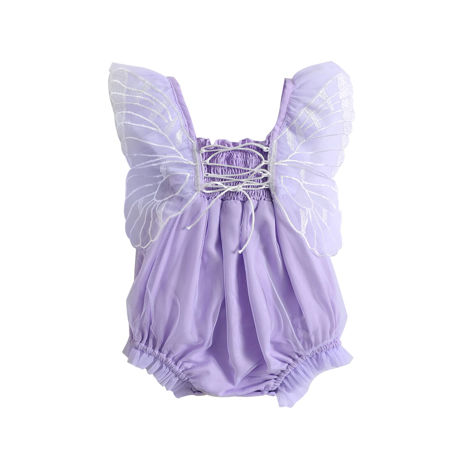 XYWAXFF Baby Girl Summer Boho Style Jumpsuit Placket Sleeves Embroidered Flower Fairy Wings Pleat Ties Newborn Onesie