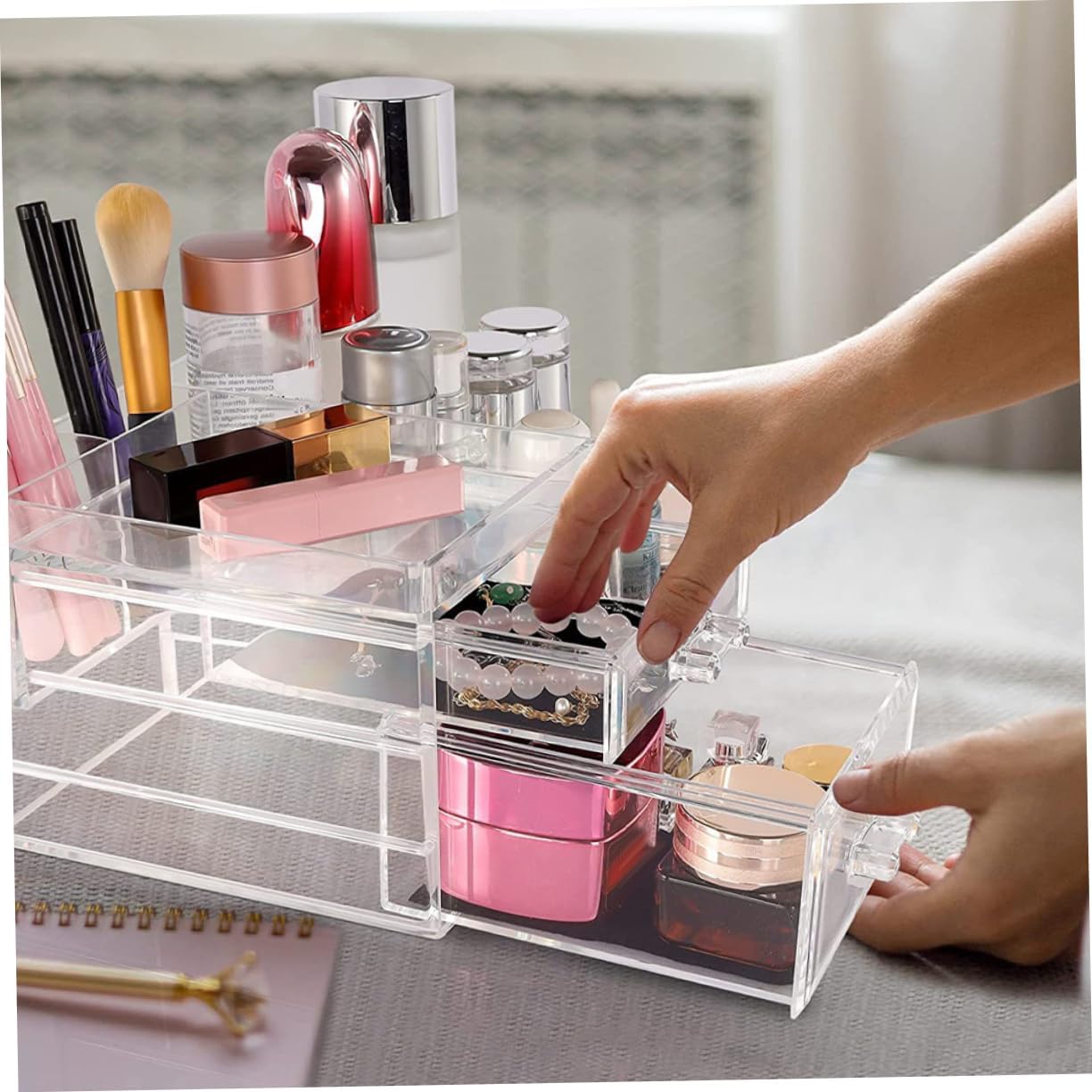 PRETYZOOM Acrylic Makeup Organizer with Brush Holder Transparent Cosmetic Display Case for Lipsticks Eyeliners and Skincare Products Multi-functional Storage for Vanity and Bathroom