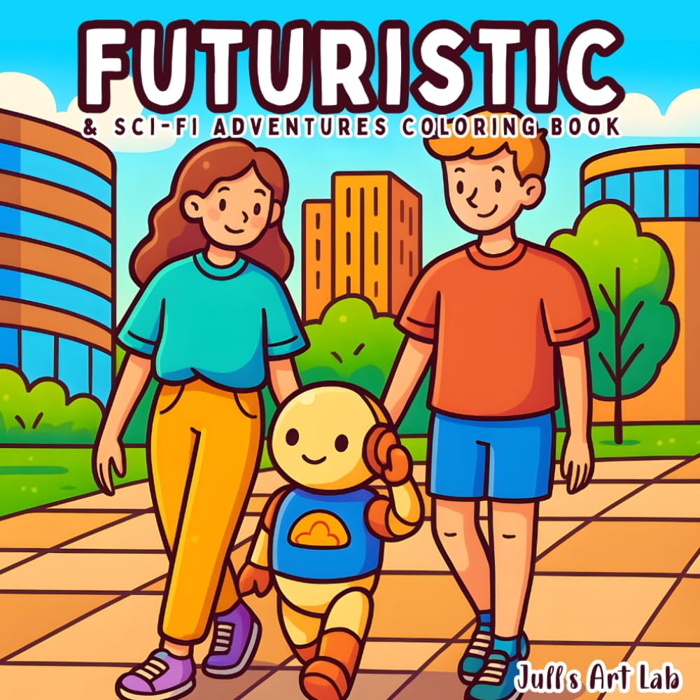 Futuristic & Sci-Fi Adventures Coloring Book: Explore the worlds of cyber cities, alien planets, and robotic warriors through bold line art designed for creativity and relaxation.