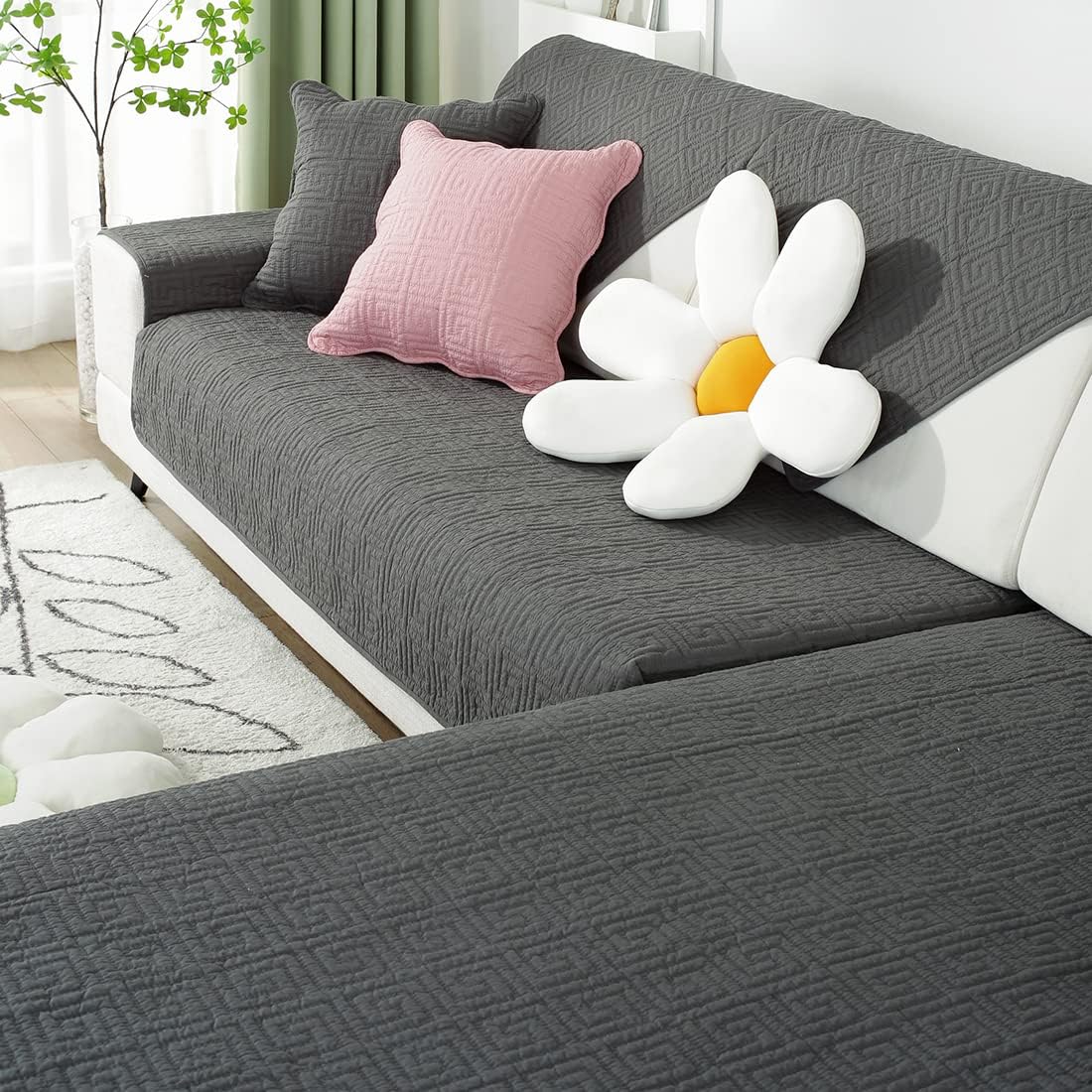 vctops Geometric Embroidery Cotton Sofa Couch Cover Non Slip Quilted Sectional Couch Covers Farmhouse Solid Color Sofa Slipcover for Dogs, Children, Pets Furniture Protector (Dark Grey,36"x94")