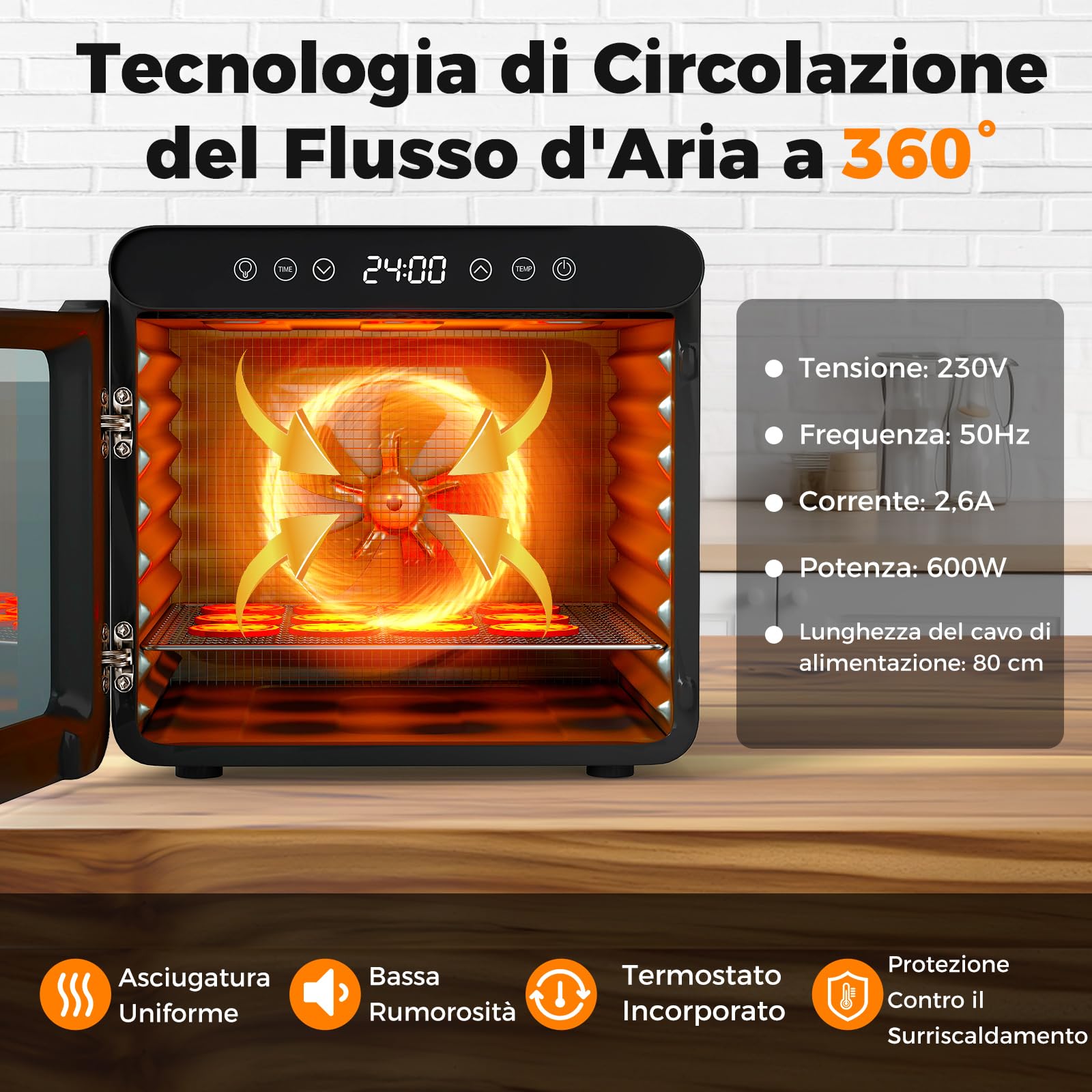 Essiccatore Alimentare 5 Vassoi Con Display LED, Regolabile Da 35 A 70°C E Timer 48h, 160W, Silenzioso E Stabile, Per Frutta Carne E Snack Sani, Facile Da Pulire