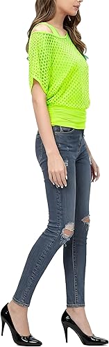 Miniatura 4 de MAGICMK Conjunto de 2 piezas de disfraces de los años 80 para mujer, camiseta sexy de red neón con hombros descubiertos, traje de fiesta casual retro