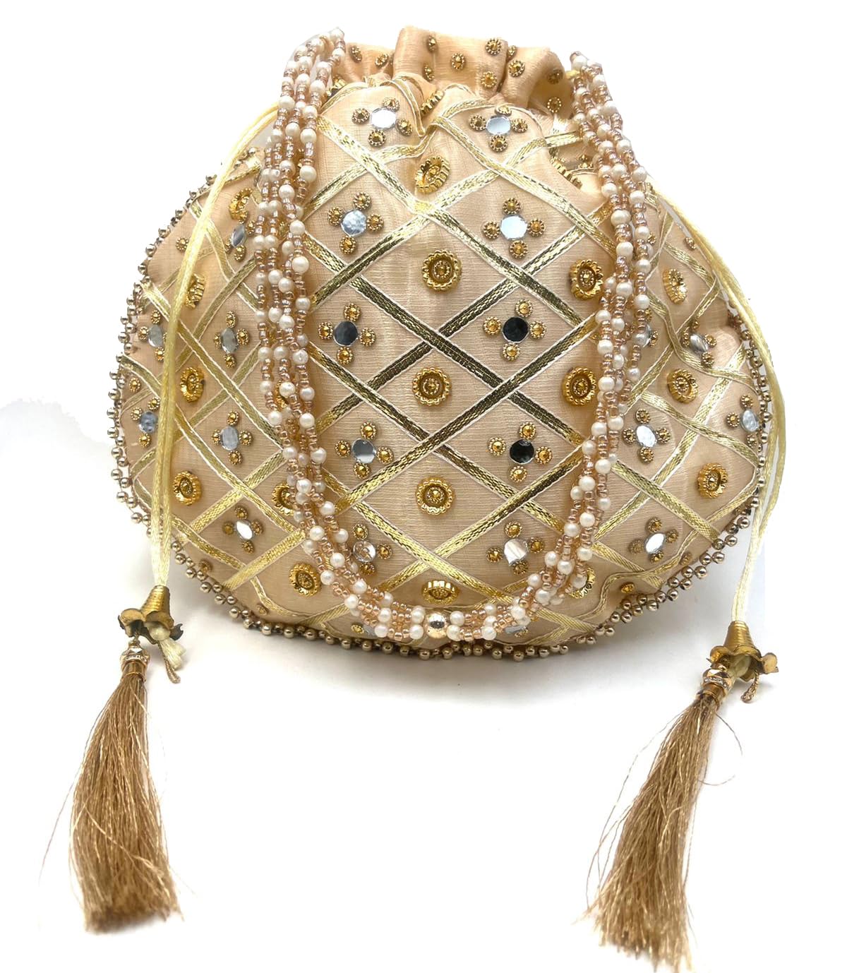 BYRA mirror work Silk Potli Bag with Pearl Handle and Thread Latkan for women (Beige) (B0CWRYS3RN) Amazon Price History, Amazon Price Tracker