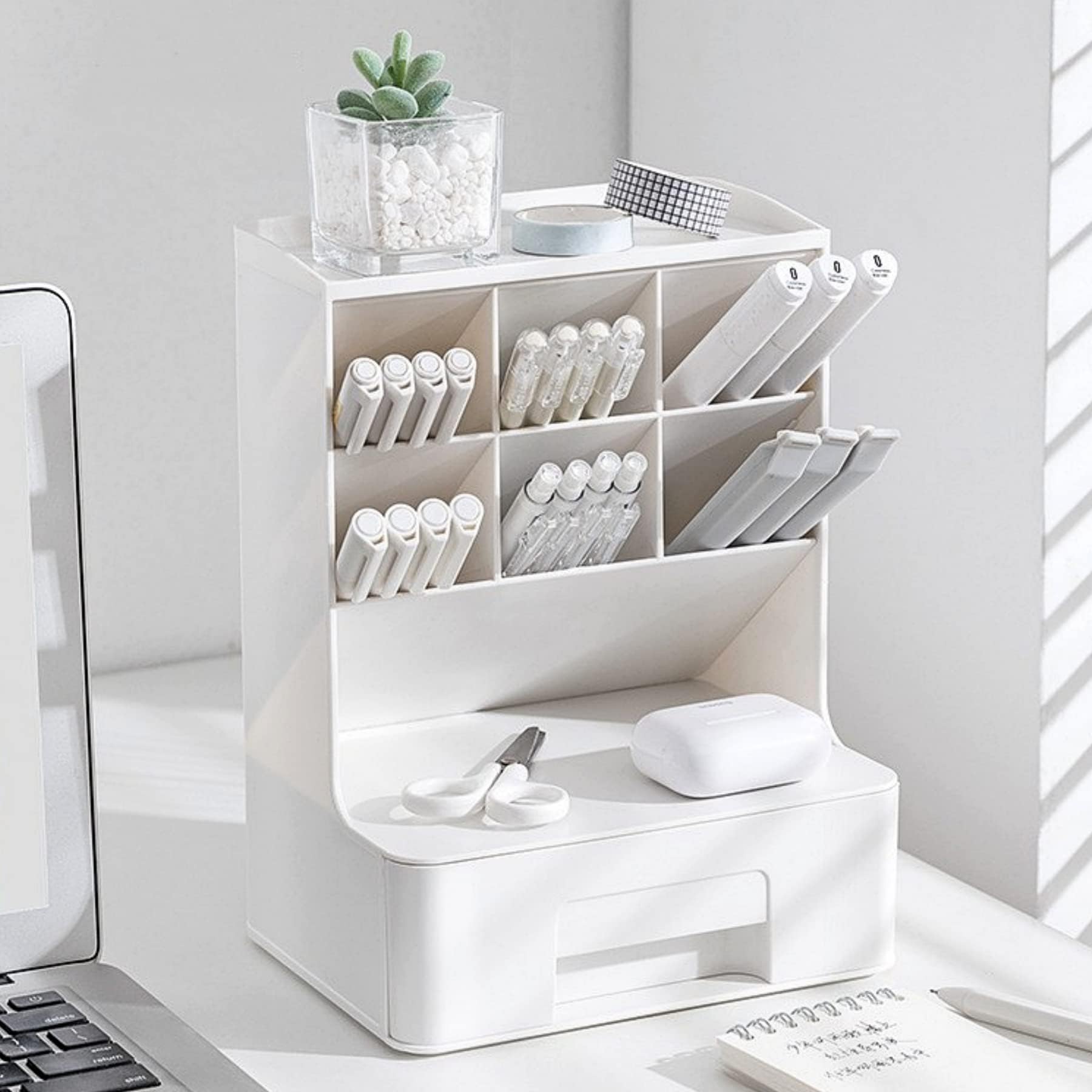 UnifacePencil Pen Holder, Desk Organizer with Drawer, Pen Organizer Storage for Desk, Plastic Office Stationery Supplies Organizer, Desktop Organizer for Office, School, Makeup Brush Storage Holder