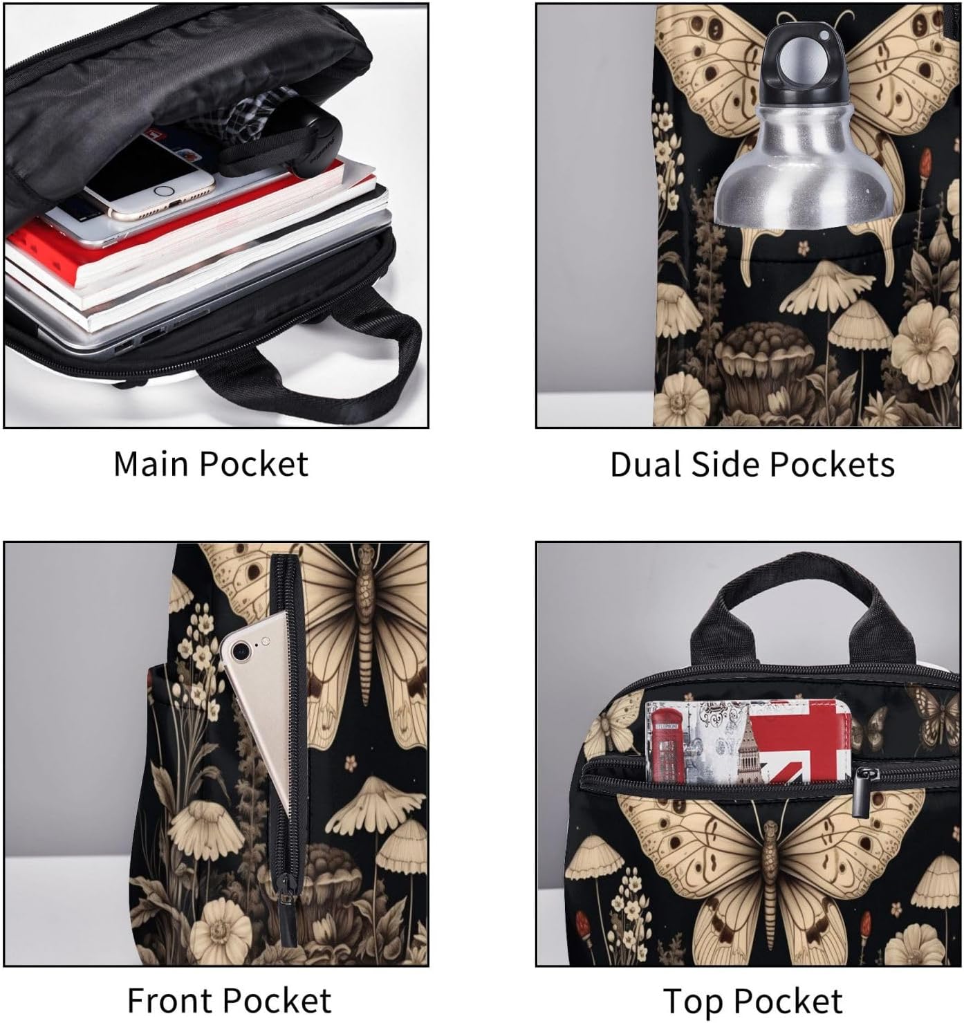 Backpack For Women Men Gothic Floral Butterflies Aesthetic Retro Botanical Bookbag Lightweight Travel Casual Daypack Water Resistant Outdoor Hiking Sport Rucksack