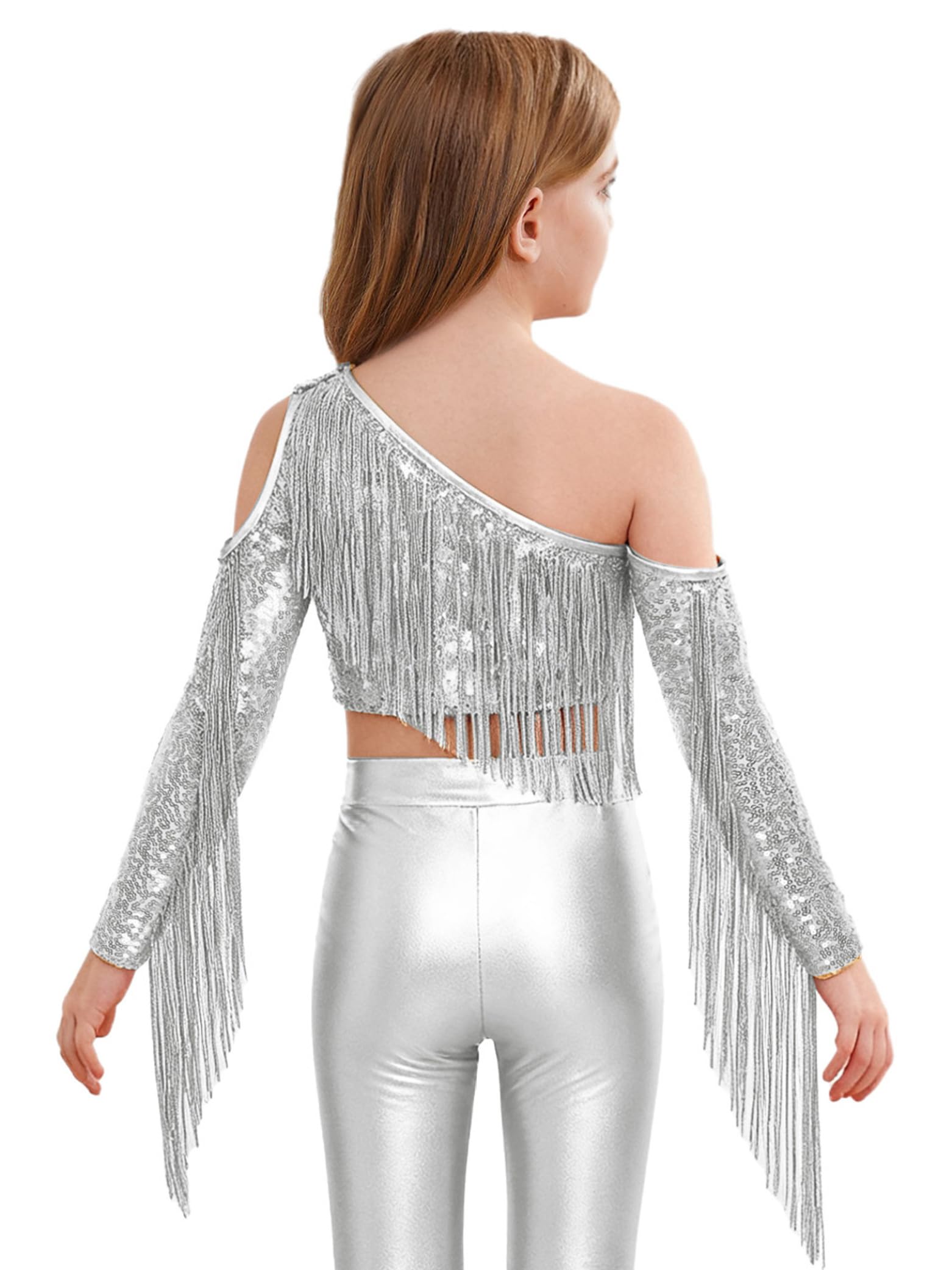 Jugaoge Mädchen Glanz T-Shirt Aushoel Langarmshirts mit Pailletten Crop Top Kurz Bauchfrei Oberteil mit Handschuhe zum Tanz Modern Jazz Outfits
