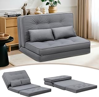 COMHOMA Bodensofa Klappbares, 3 in 1 Schlafsofa mit 6-Stufig Verstellbare Rückenlehne, Sofabett mit 2 Lendenkissen, Geeignet für Wohnzimmer, Schlafzimmer&Camping, Grau