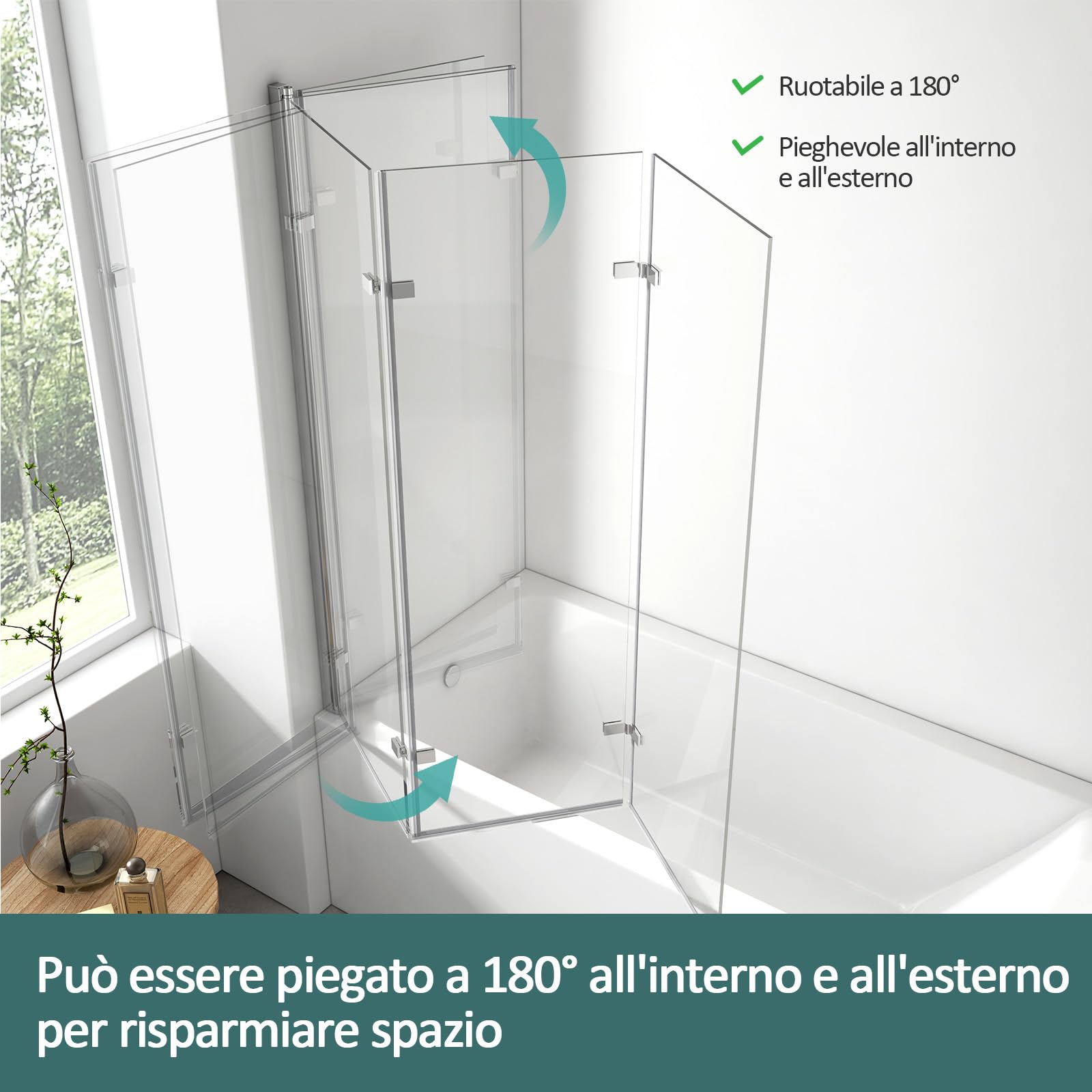 EMKE Parete vasca da bagno pieghevole 130 x 140 cm, 3 pannelli girevoli, vetro vasca da bagno in vetro di sicurezza da 6 mm, oscillazione di 180°, Telaio cromato stile industriale, nano-rivestito