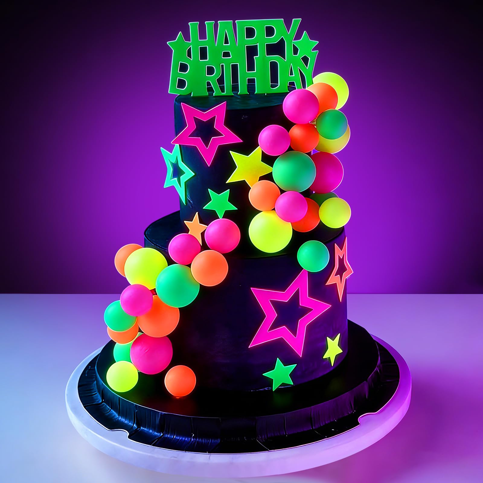 56pcs Neon Cake Decorations Glow Cake Toppers with Ball Star and Happy Birthday Toppers UV Reactive for Glow in the Dark Neon Black Light Party Birthday Decorations