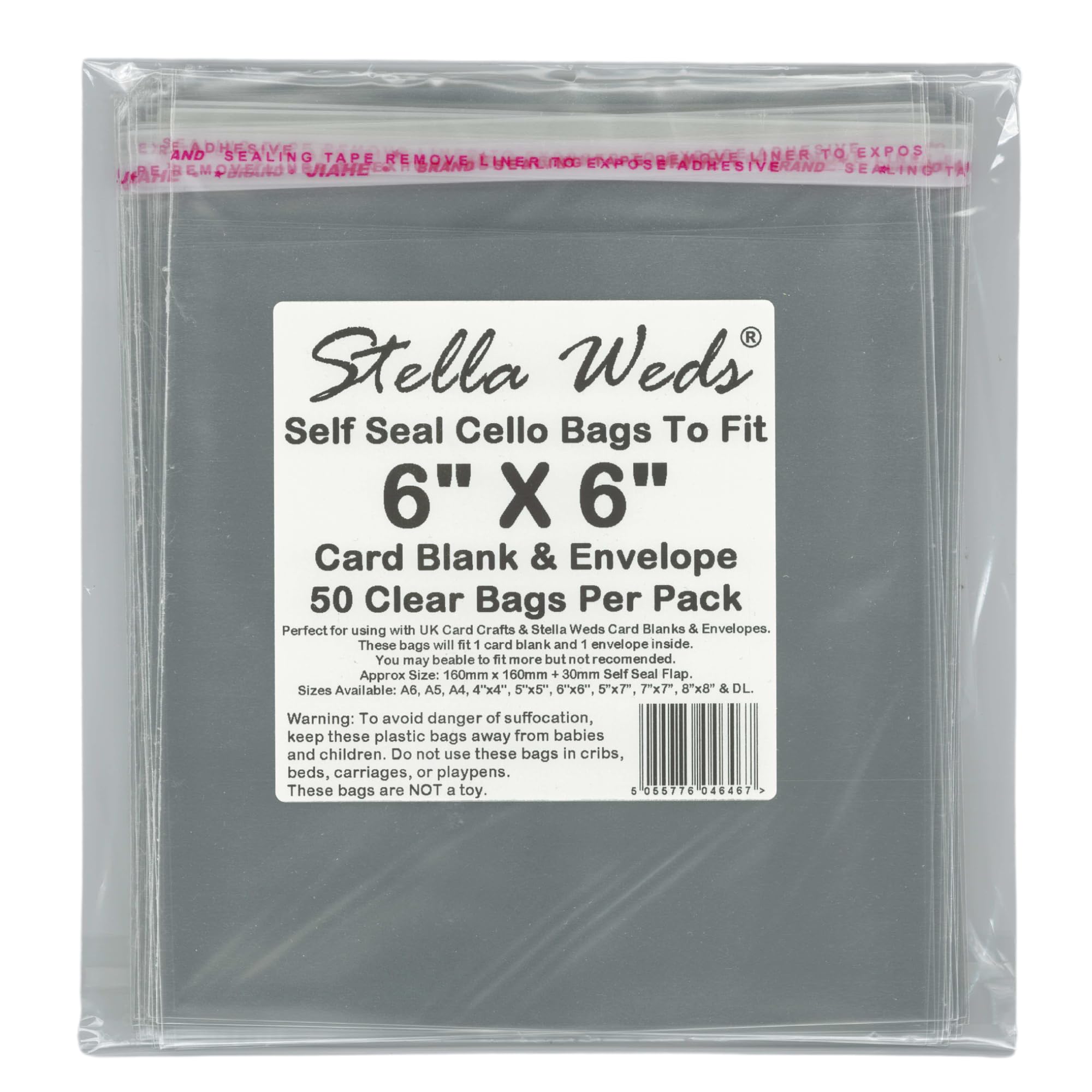 Clear Self Seal Bags To Fit 6x6 Card Blank & Envelope x 50 Per Pack - Cello Packing Bags, Cookies, Sweets, Gifts, Jewellery