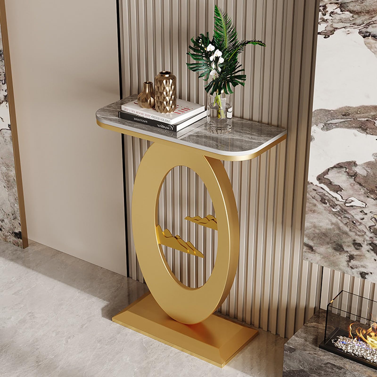 Mesa consola moderna con parte superior de piedra sinterizada, mesa de entrada estrecha, metal resistente, mesa de sofá para sala de estar, vestíbulo, entrada (d, 50 x 30 x 75 cm)