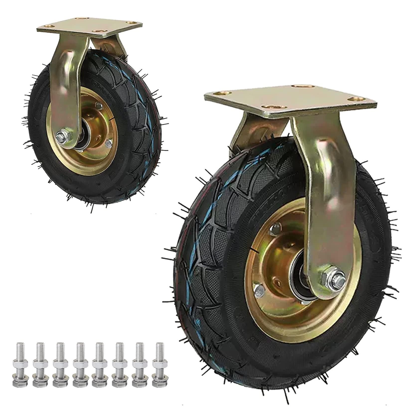 ZGUOUZANTYE Heavy Duty Castor Wheels Set Of 2 8/10 Inch Fixed Swivel Brakes Pneumatic Rubber Caster 250lbs Load Capacity(Fixed,Ø200mm/8in)