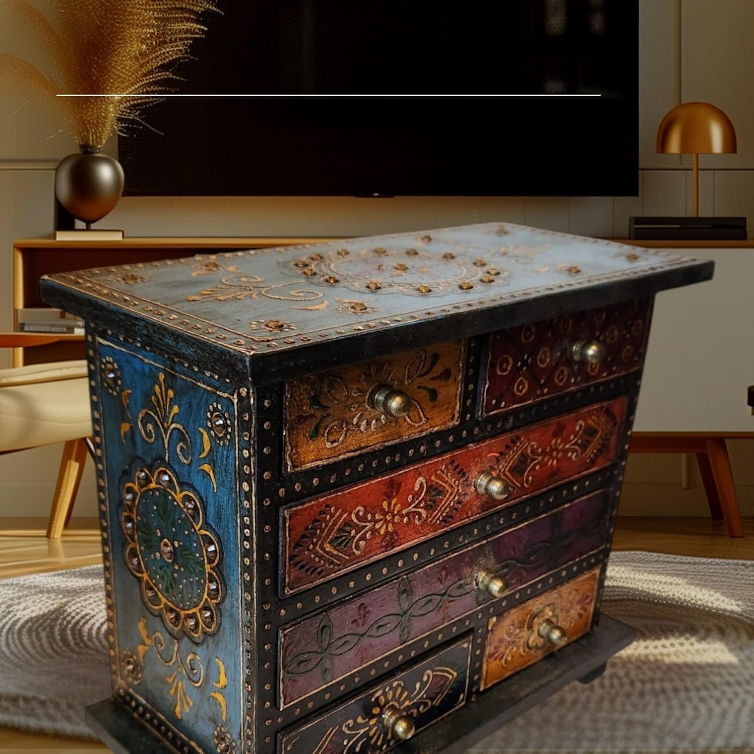 Small Wooden Hand Painted Drawer Ethnic Chest of Drawers Jewellery Box Wooden Box Trinket Box Girl's Gift Boho Style New