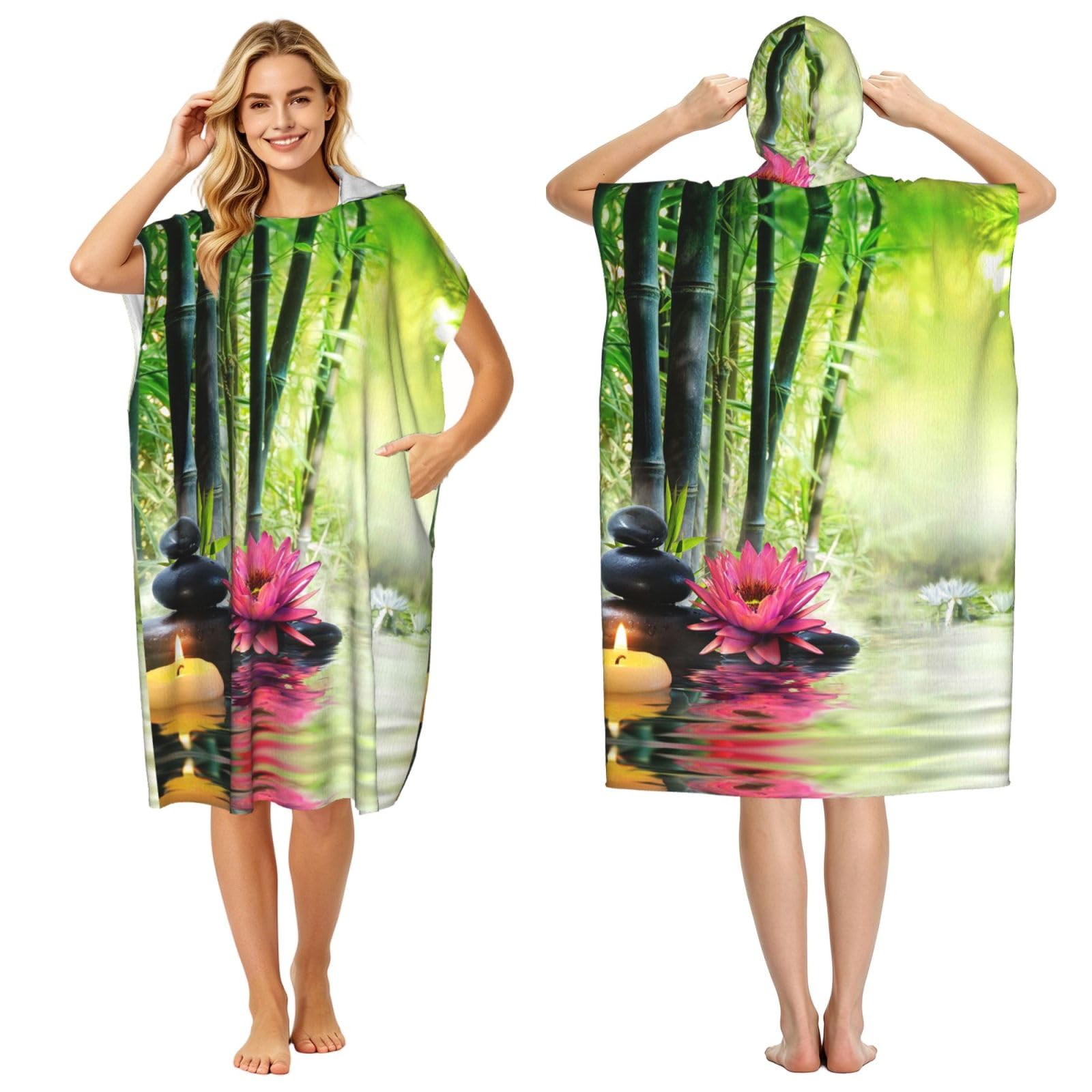Peignoir à capuche de plage en bambou vert robe de chambre imprimé lotus natation