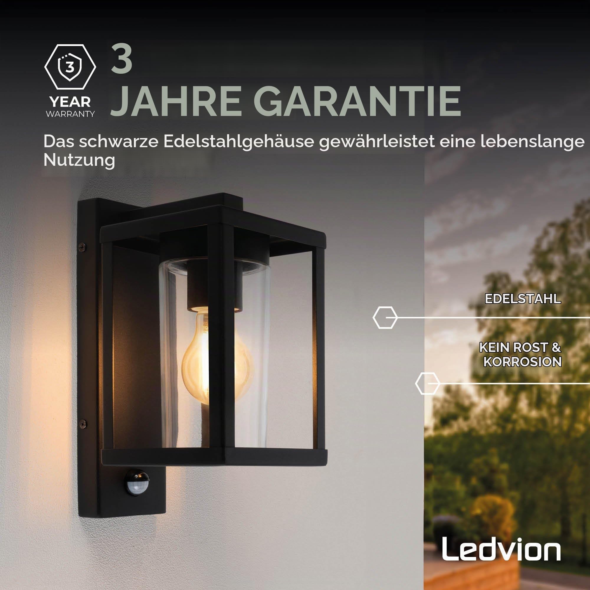 Ledvion Wandleuchte IP44 E27 schwarz sensor Quadrat | Für Einfahrt Gartenweg Terrasse oder Fassade geeignet und klar auf den Außeneinsatz ausgerichtet