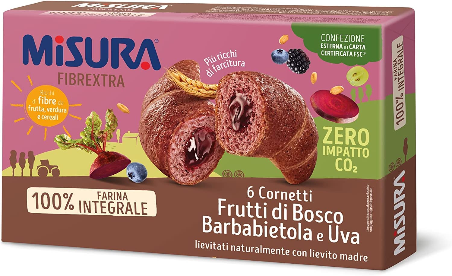 8X Misura Fibrextra Cornetti ai Frutti di Bosco, Barbabietola e Uva 100% Farina Integrale 308gr [CAIYA® BOX da 8 Confezioni]