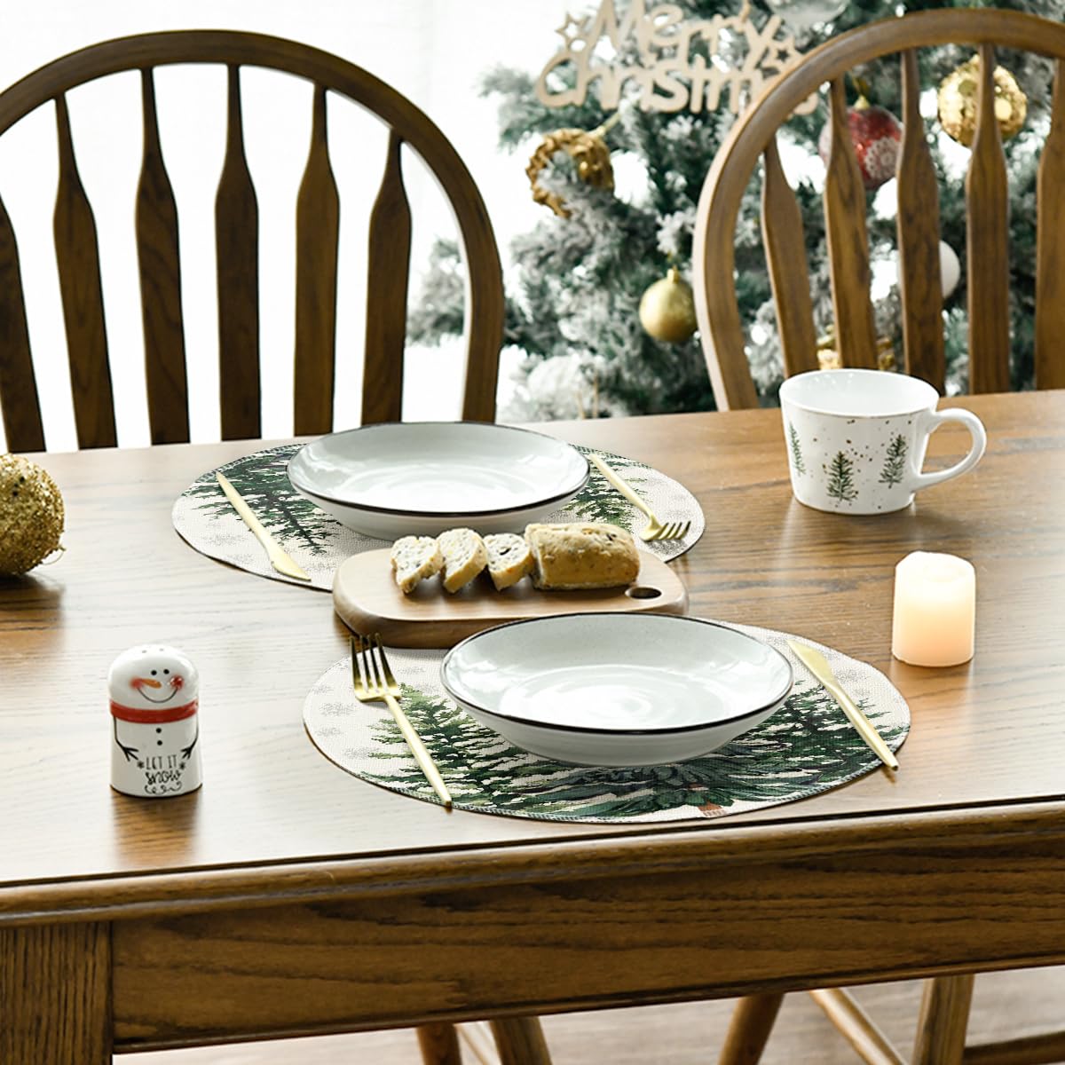 Artoid Mode Pine Trees Snowflakes Christmas Placemats Set of 4, Round 37cm Seasonal Winter Xmas Holiday Vintage Washable Table Mats - Image 4