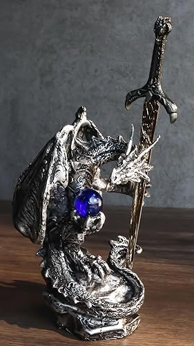Miniatura 3 de Ebros Gift Dragón blindado de plata legendario sosteniendo orbe azul y espada draconiana abrecartas escultura escultura decorativa para el hogar y