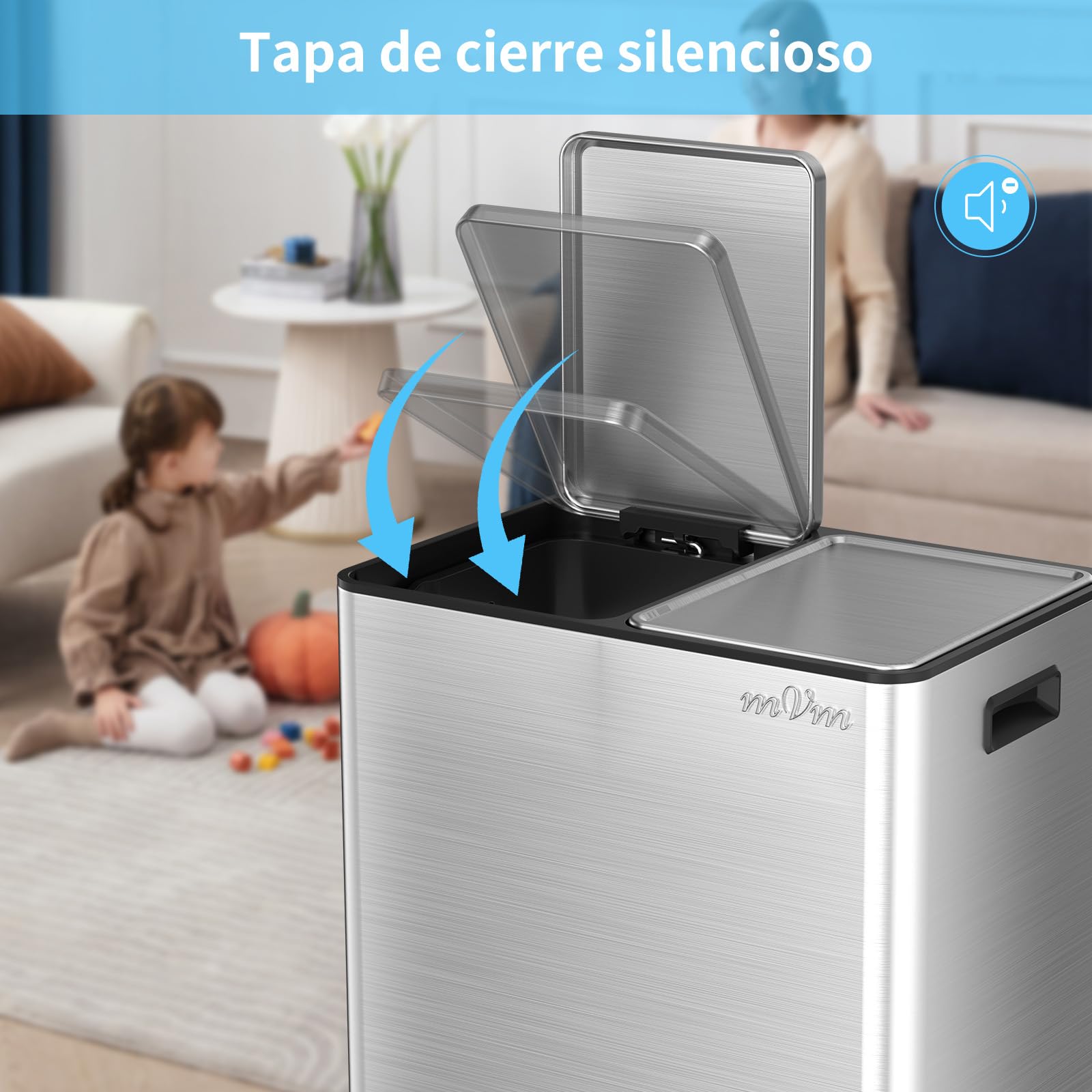 mVm Cubo de Basura para la Cocina, 2 Compartimentos 2 x 30L Cubo de Basura Cocina, Papelera Moderna y Robusta, Cierre Suave, para Cocina, Salón, Plata