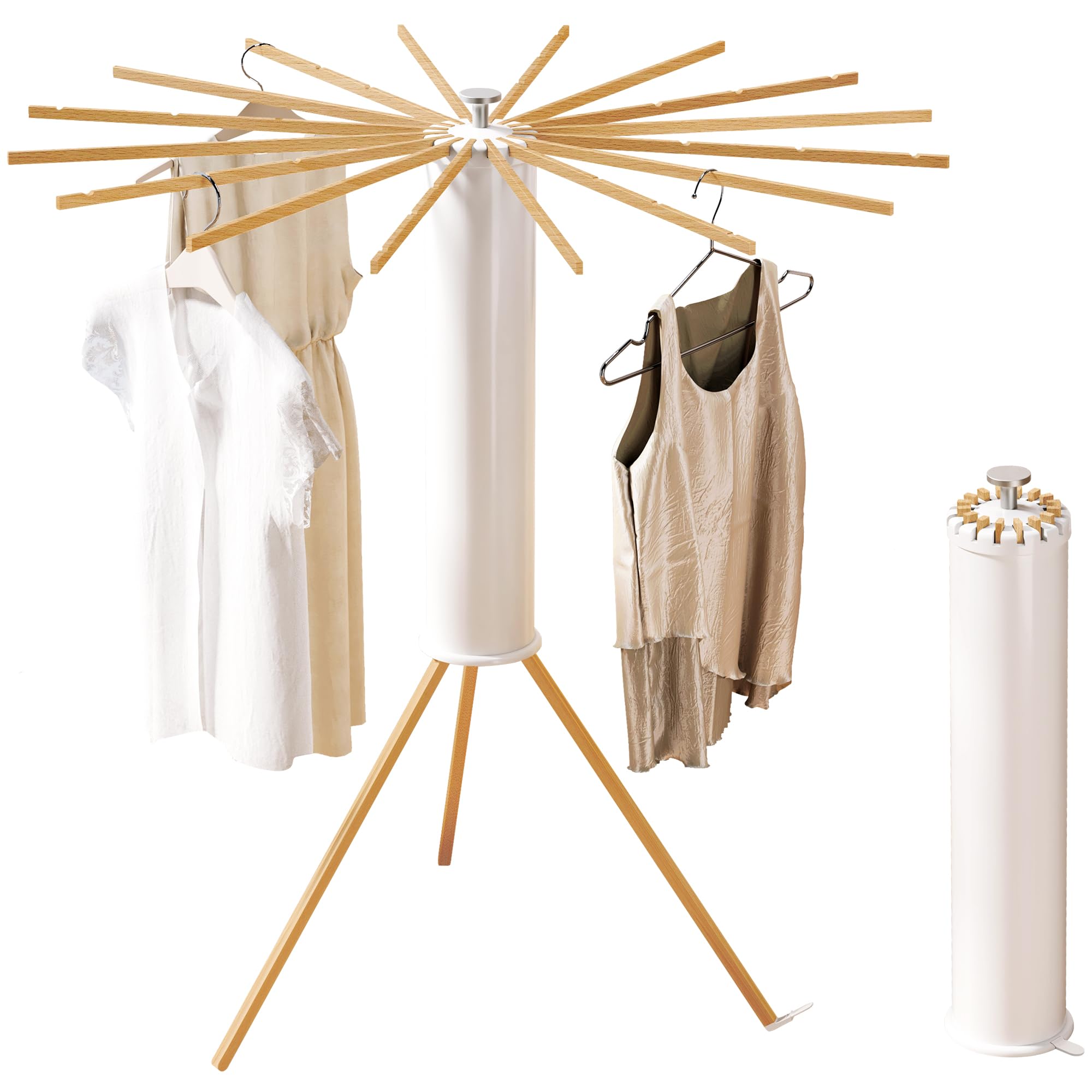 Foldable Tripod Clothes Drying Rack Beechwood Portable Laundry Stand Space-Saving Collapsible Hanger with 16 Arms for Indoor Outdoor