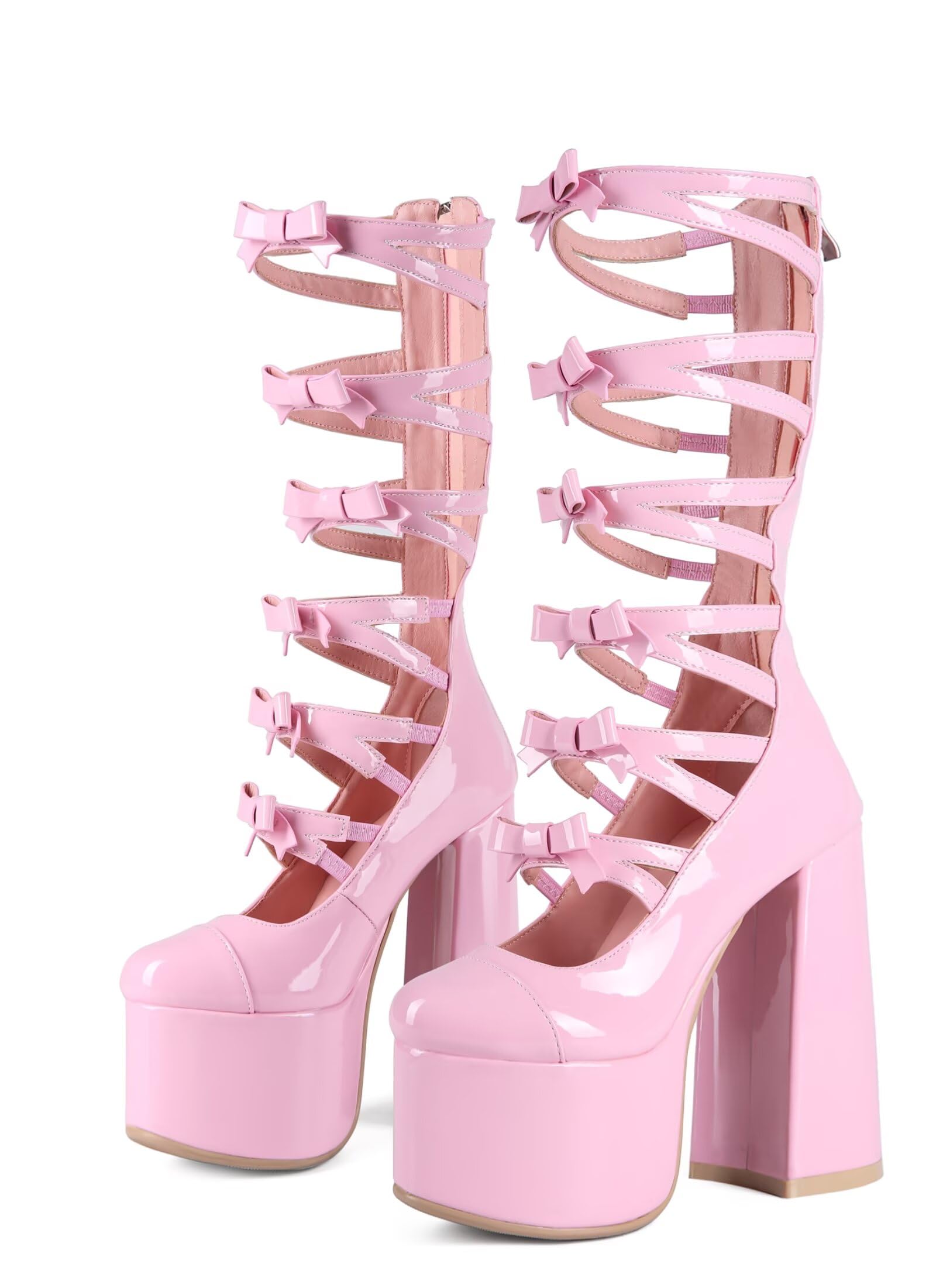 Kawaii Sweet Lolita Chunky Platform Knee High Heeled Boots, Cosplay Anime Patent Bow Ribbon, Y2K Gothic Hot Cute Lovely Girl Big Large Size Shoes For Women Men