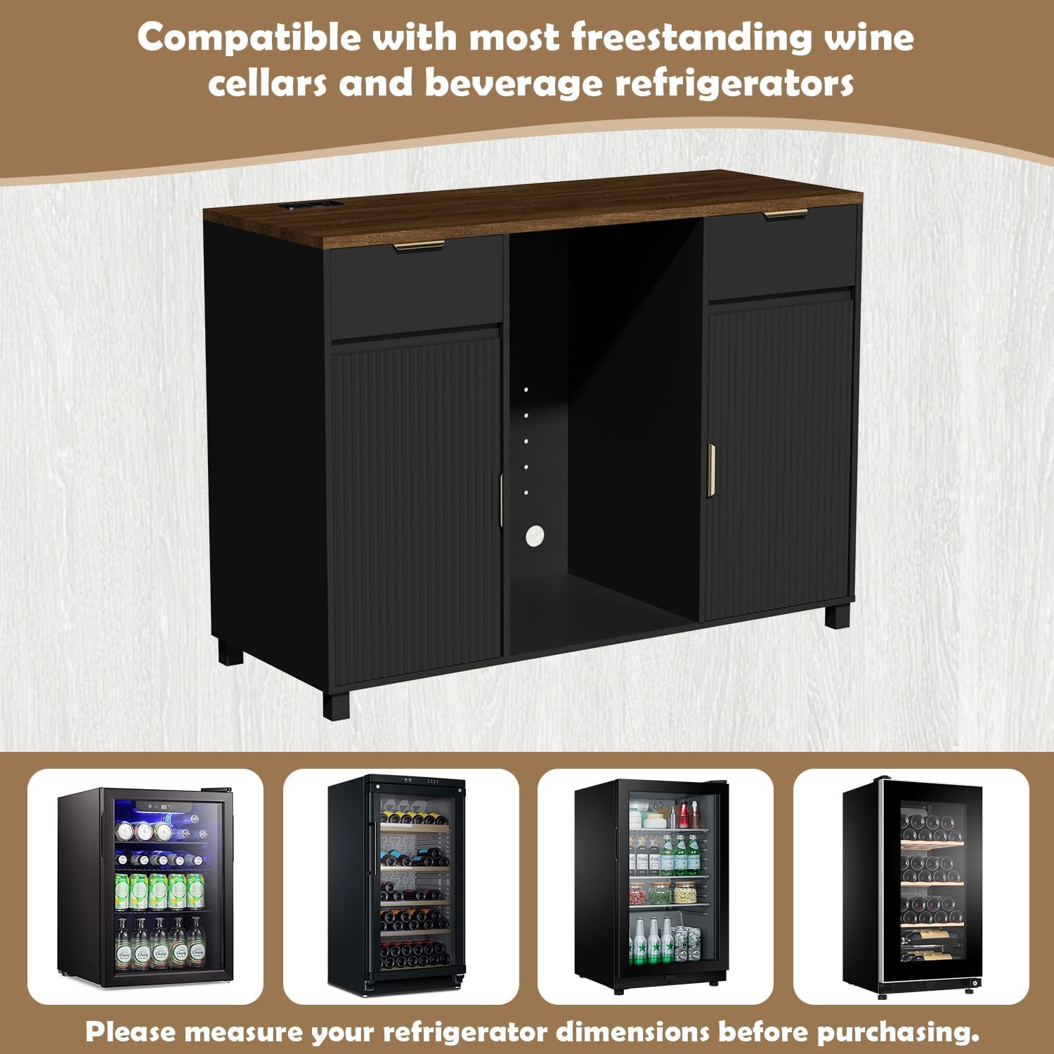 Coffee Bar Cabinet with Fridge Space, Wine Bar Cabinet with Power Outlet, Mini Fridge Cabinet with Fluted Door for Dining Room, Living Room, Kitchen