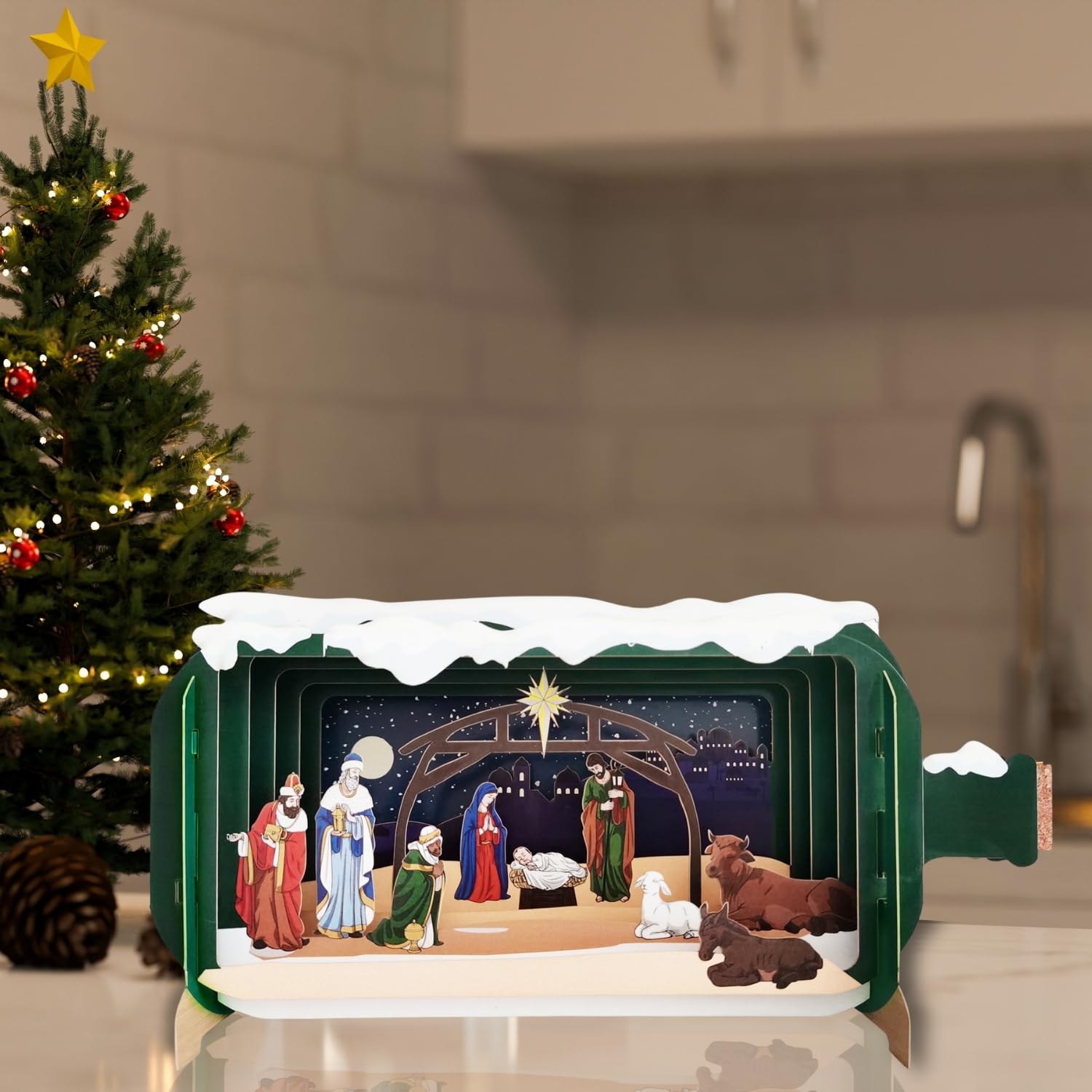 Message in A Bottle Religious Nativity Pop Up Christmas Greeting Card XMIB107, Green, 24cm x 12cm - Image 3