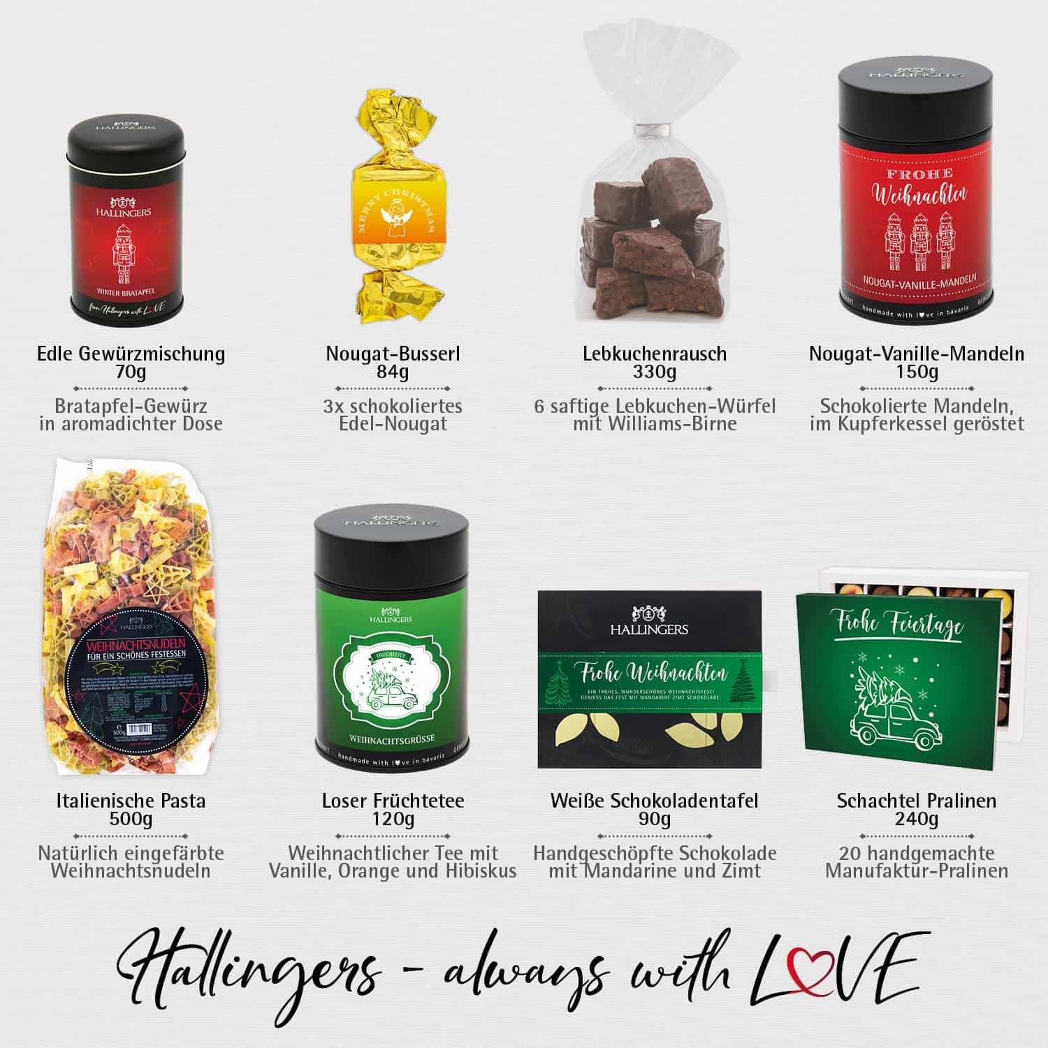 Hallingers Genuss Manufaktur Feinkost Weihnachts-Geschenk-Set - XXL-Geschenkkorb "Frohe Feiertage" große Selektion Pralinen, Nougat, Tee, Duftkerze, Pasta, Lebkuchen & mehr, Weihnachten für Frauen