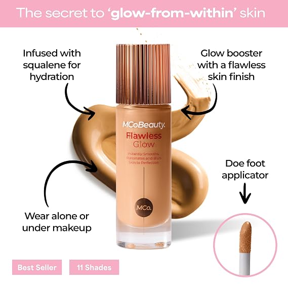 MCoBeauty Flawless Glow Luminous Skin Filter - 4.5 Medium - 4-in-1 Primer, Highlighter & Foundation Booster - Dewy Illuminating Tint Face Makeup with Squalane Vitamin E - Vegan & Cruelty Free