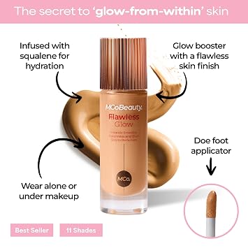 MCoBeauty Flawless Glow Luminous Skin Filter - 4.5 Medium - 4-in-1 Primer, Highlighter & Foundation Booster - Dewy Illuminating Tint Face Makeup with Squalane Vitamin E - Vegan & Cruelty Free