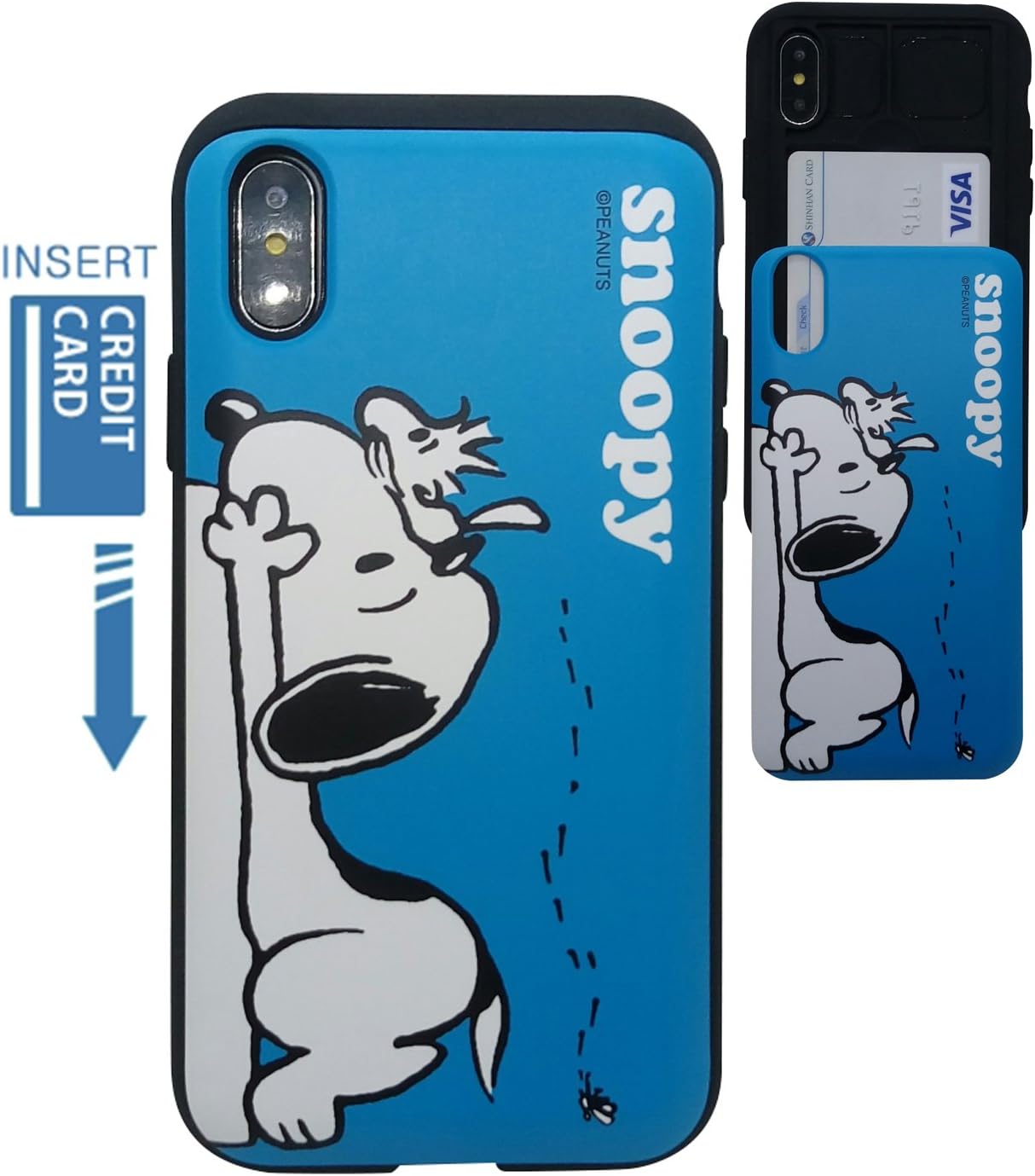 [iPhone X Wallet Case/iPhone Xs Wallet Case] Kubrick Peanuts Snoopy Charlie Brown Slide Bumper Phone Case Dual Layer Card Wallet Holder (Peanuts Snoopy & Woodstock)