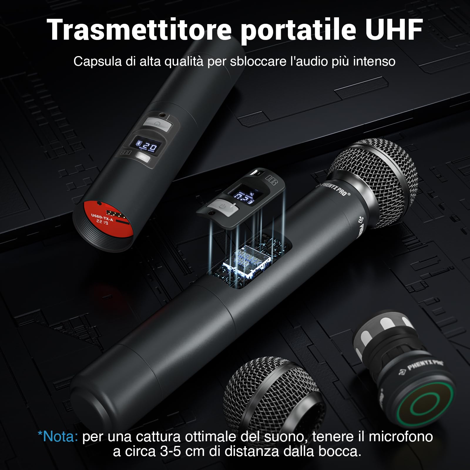 Phenyx Pro Sistema microfono wireless, doppio microfoni wireless professionali con 2 palmari, scansione automatica, 2x100 frequenze UHF, portata di 328 piedi per karaoke, canto, chiesa (PTU-71-2H)