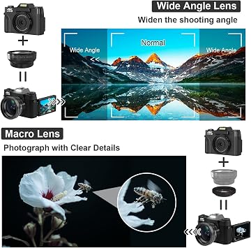 4K Digital Camera for YouTube Vlogging - 56MP 16X Zoom Manual Focus Compact Photography Camera With 52mm Wide-Angle & Macro Lens, 32G TF Card and 2 Batteries (Black)