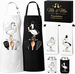 Funny Wedding Gifts for Couples, Mr and Mrs Silly Goose Gift Set for Newlyweds, Bridal Shower, Engagement, 2 Aprons/2 Kitchen Towels/2 Can Coolers,Party