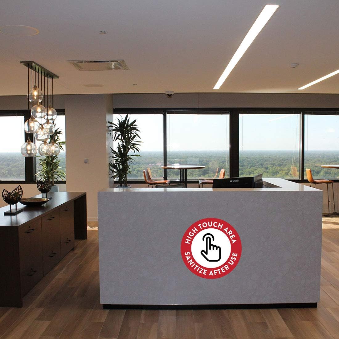 Andaz Press Social Distancing Safety First High Touch Area, Sanitize After Use Business Signs, 50 Labels, 10-Pack 8" Round Labels + 40-Pack 2" Circle Vinyl Sticker Decals